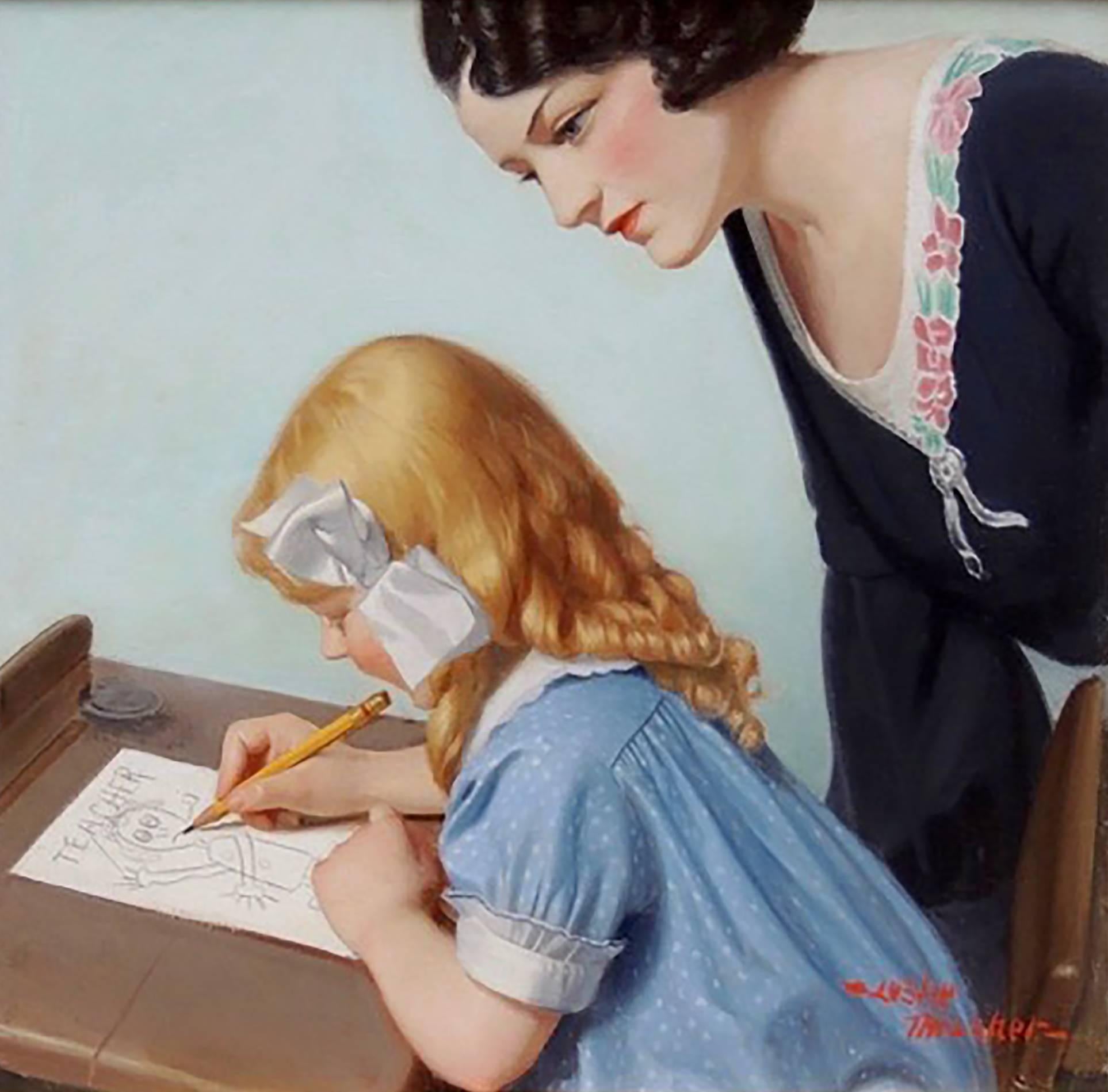 Leslie Thrasher Figurative Painting - Teacher and Student, Liberty Magazine Cover