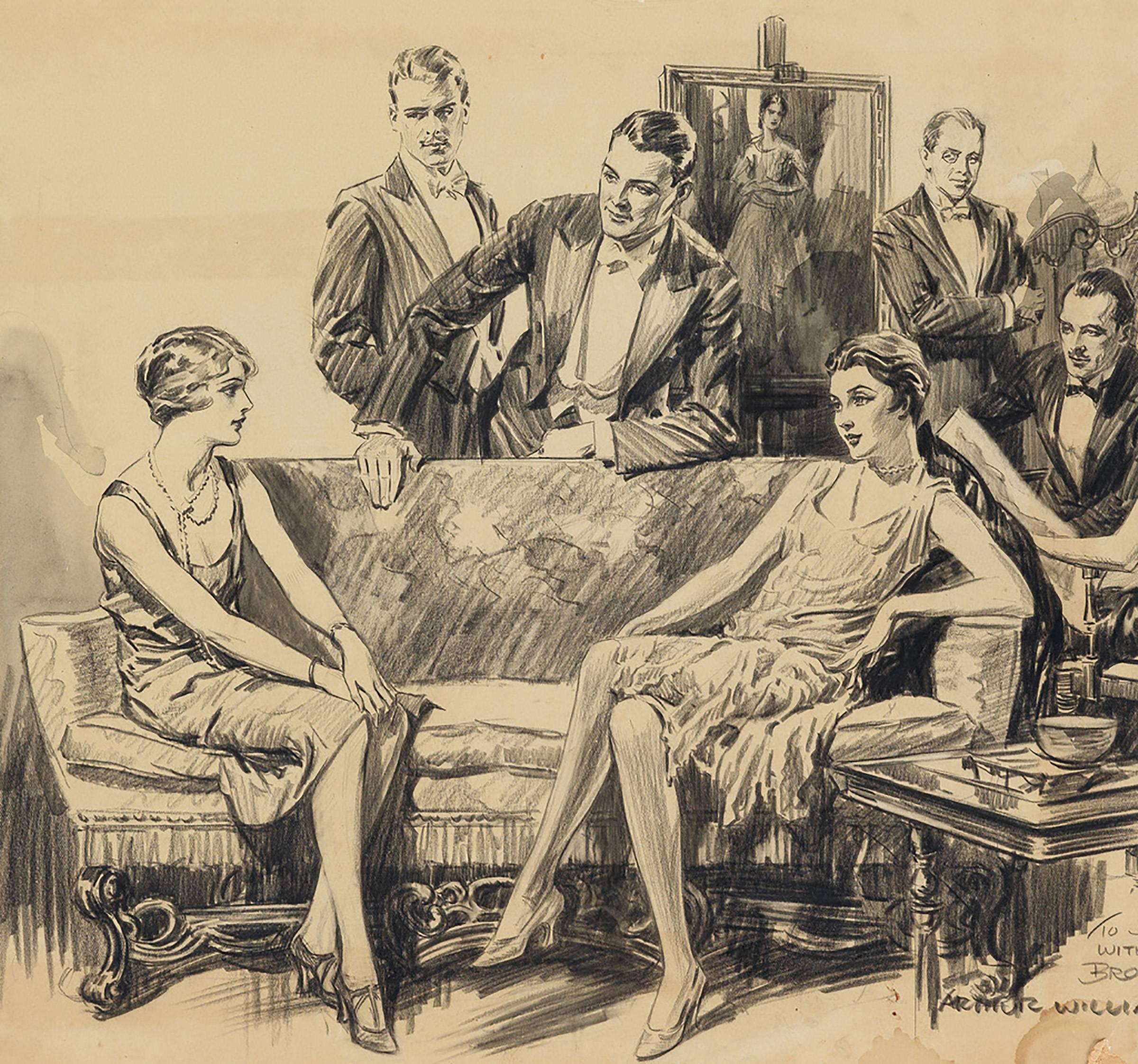 William Arthur Brown Figurative Art - Saturday Evening Post story, 1920s Parlor Scene