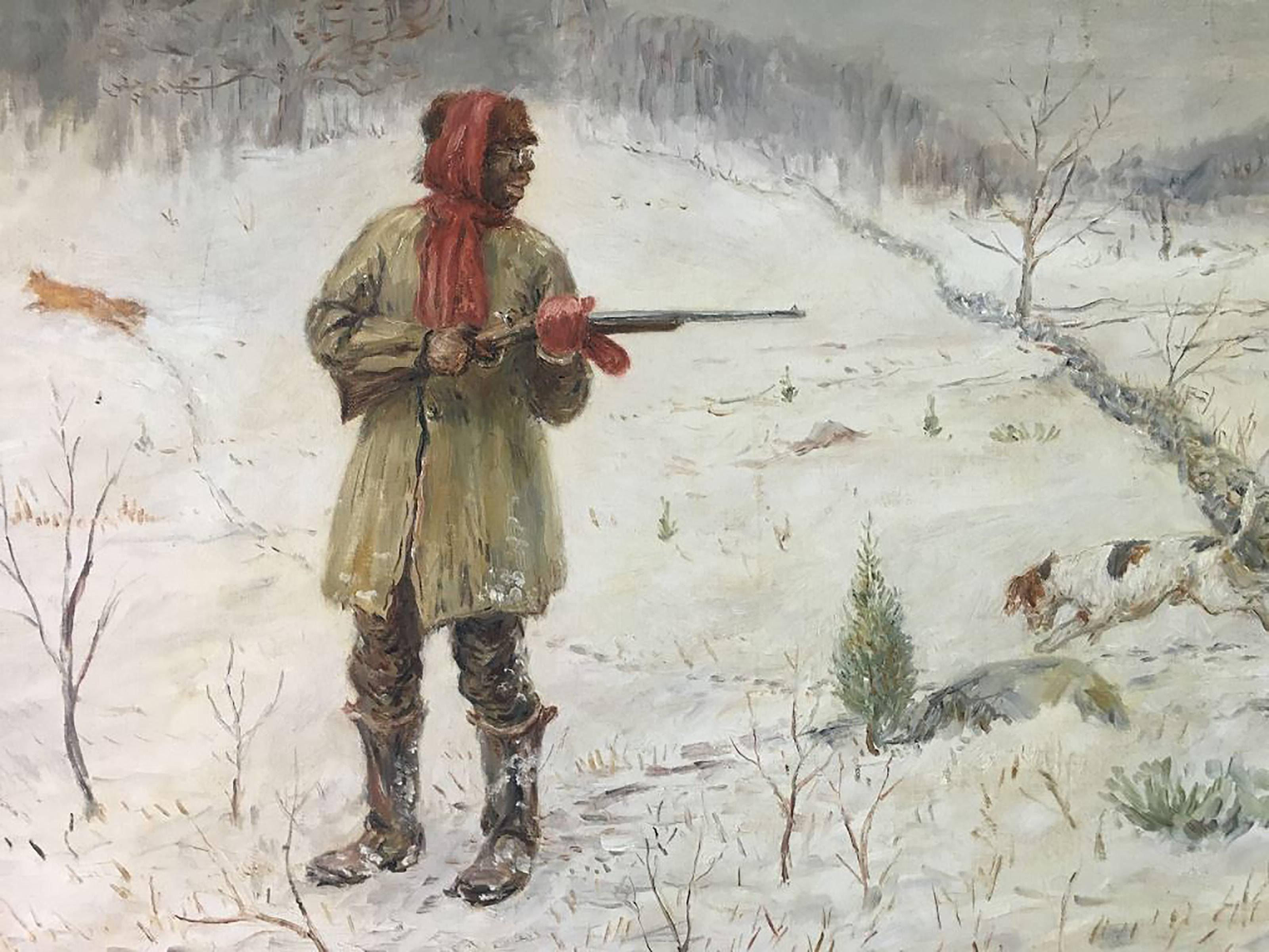 Frederic Burnett Figurative Painting - African American Man Hunting in the Snow