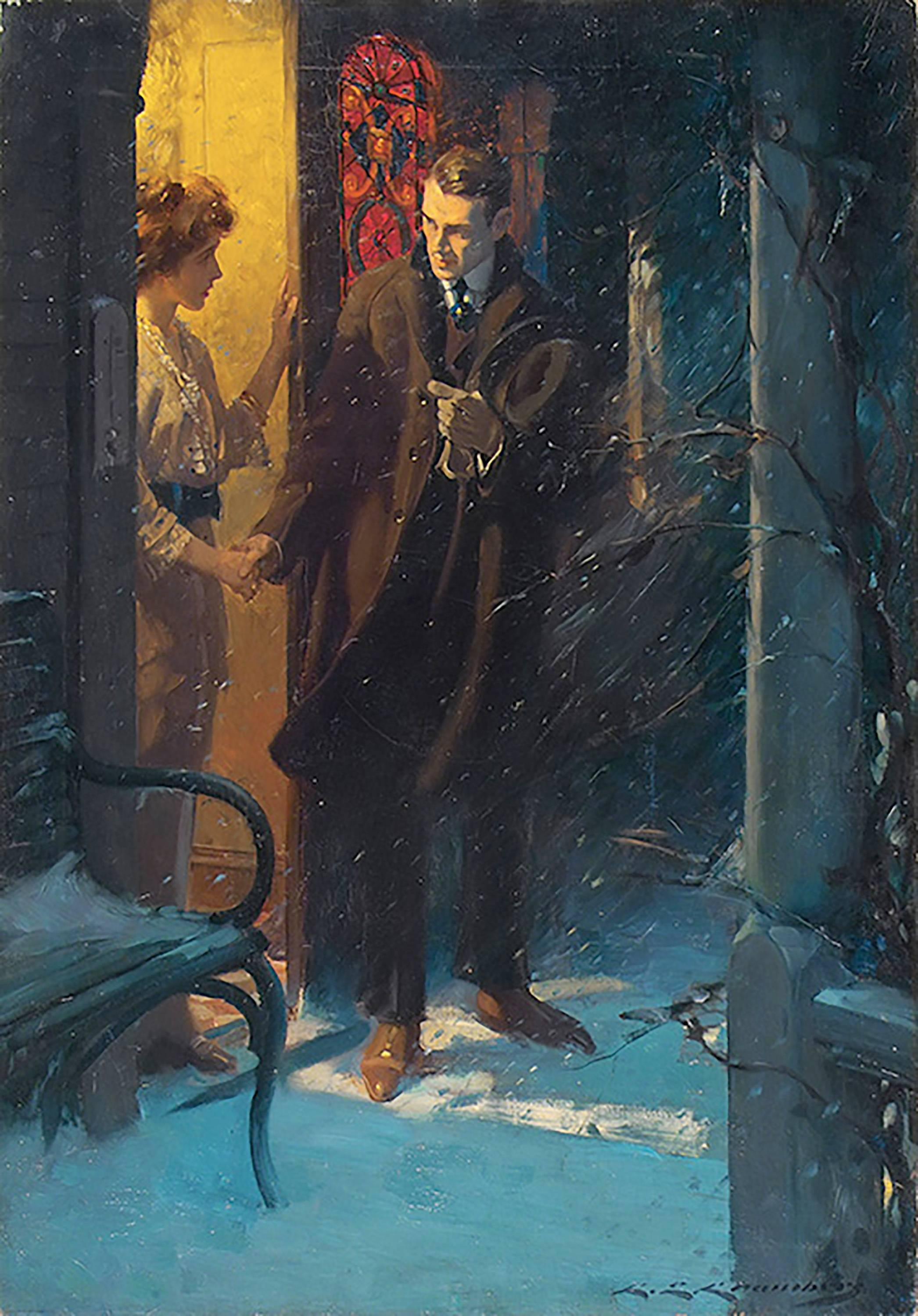 Charles E. Chambers Figurative Painting - Couple Parting on Porch in Snow