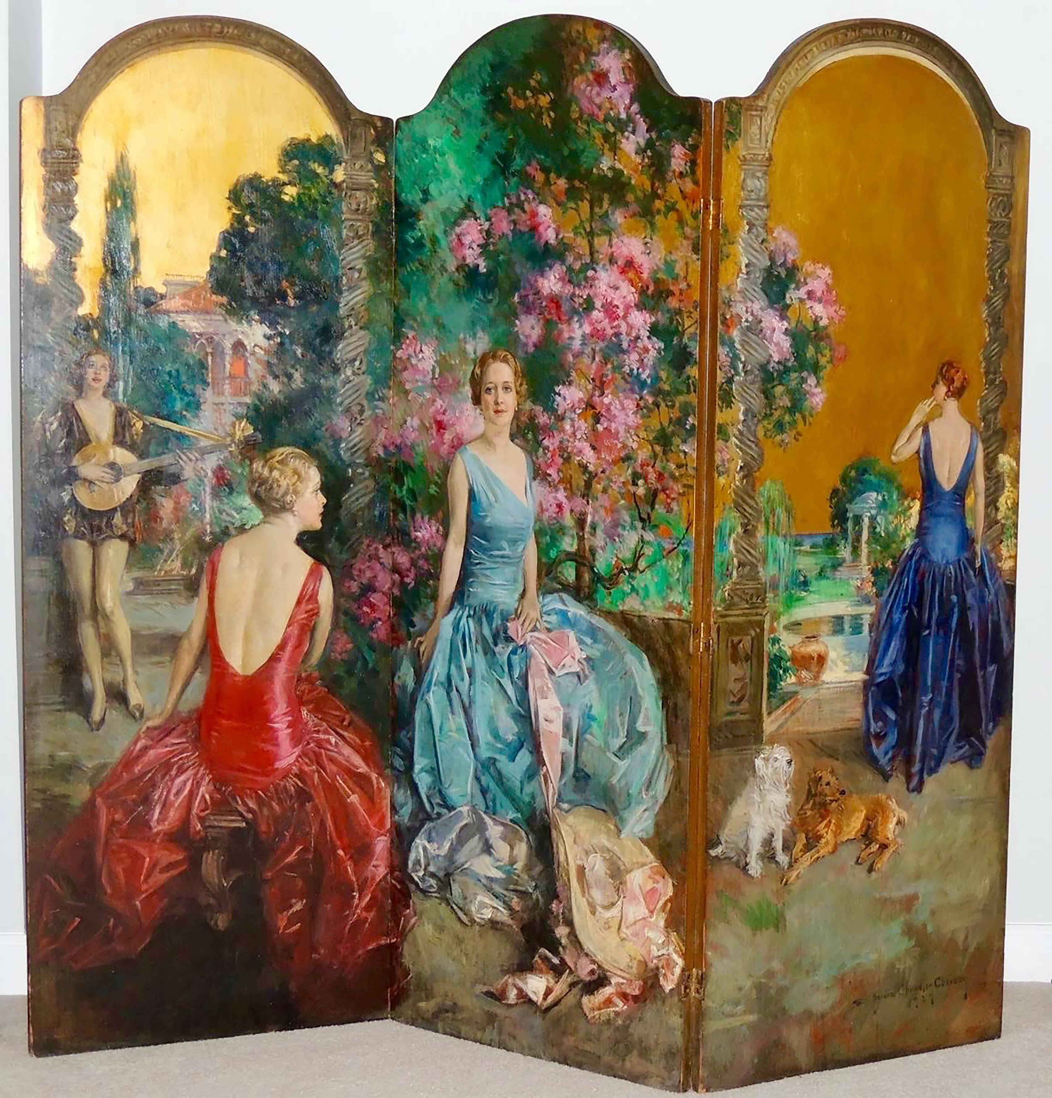 Howard Chandler Christy Figurative Painting - Four Women in a Fanciful Garden Setting