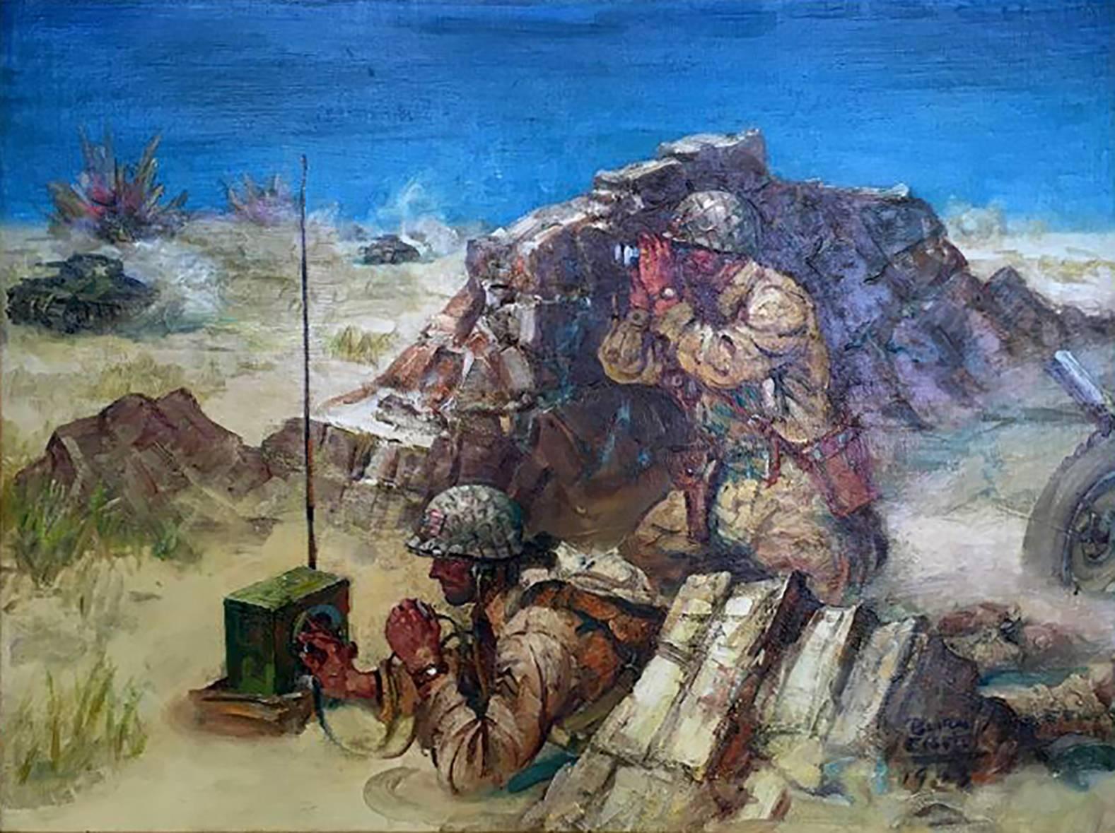 Benton Henderson Clark Figurative Painting - World War II Tank Battle, Electronic Laboratories Advertisement