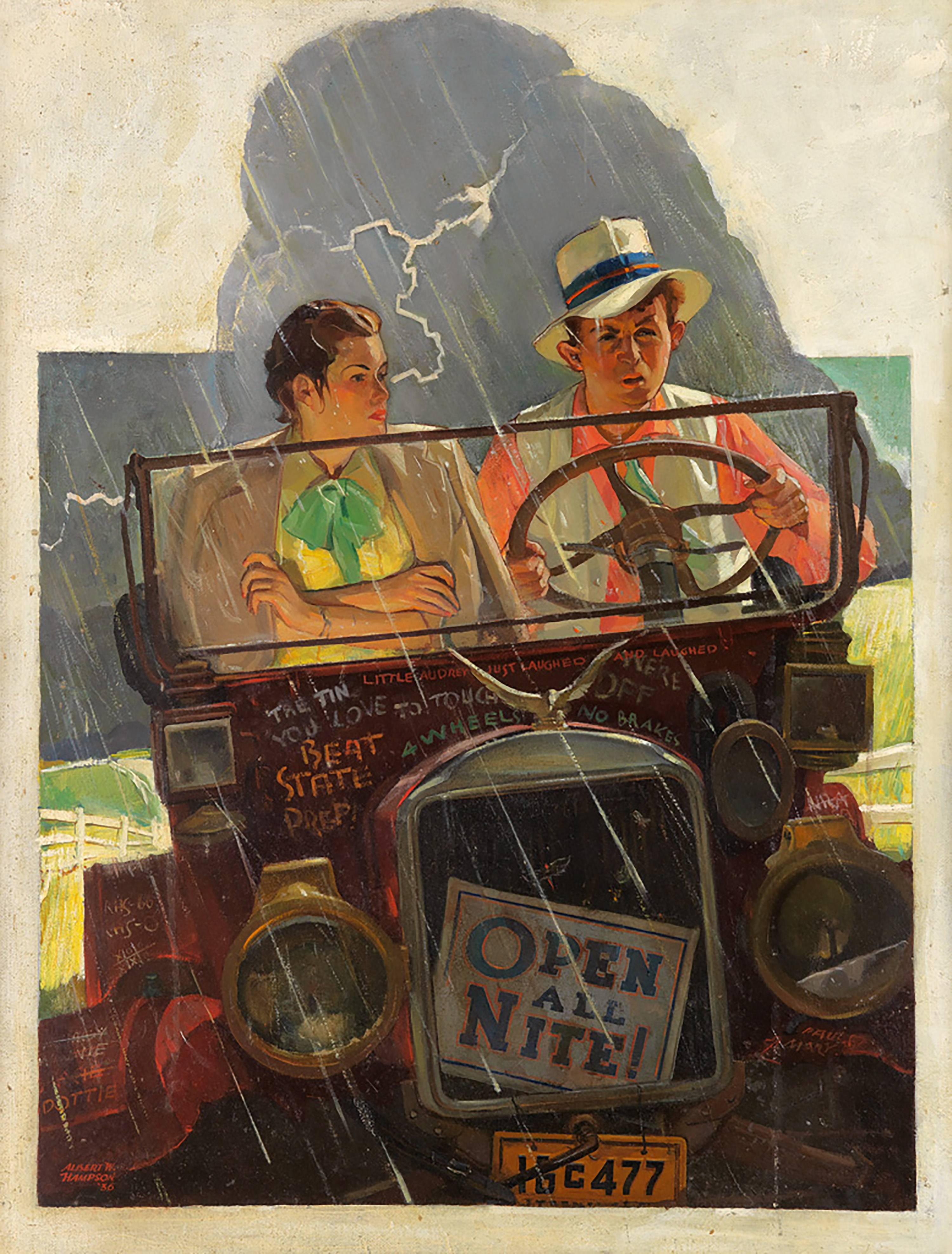 Figurative Painting de Albert Hampson - "Atrapado por la lluvia" Versión alternativa de la portada del Saturday Evening Post