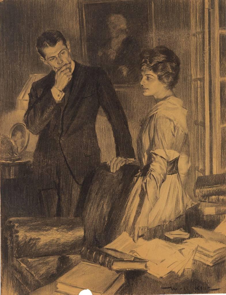 William B. King Figurative Art - "The Negotiation"Likely Story Illustration for The Saturday Evening Post