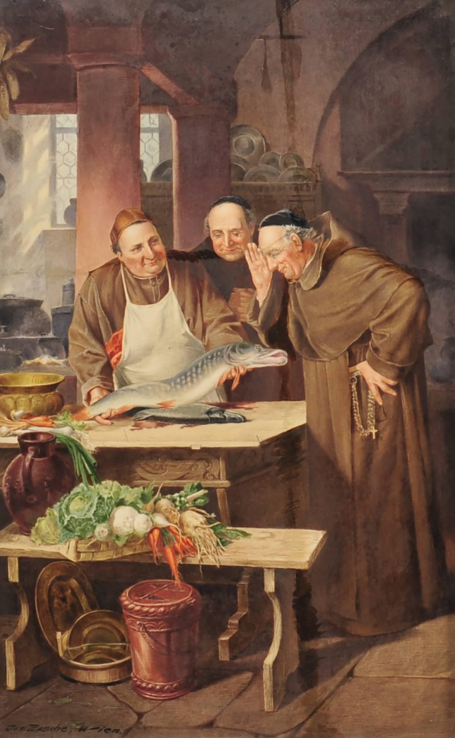 Joseph Gascle Figurative Painting - Three Religious Men with Fish