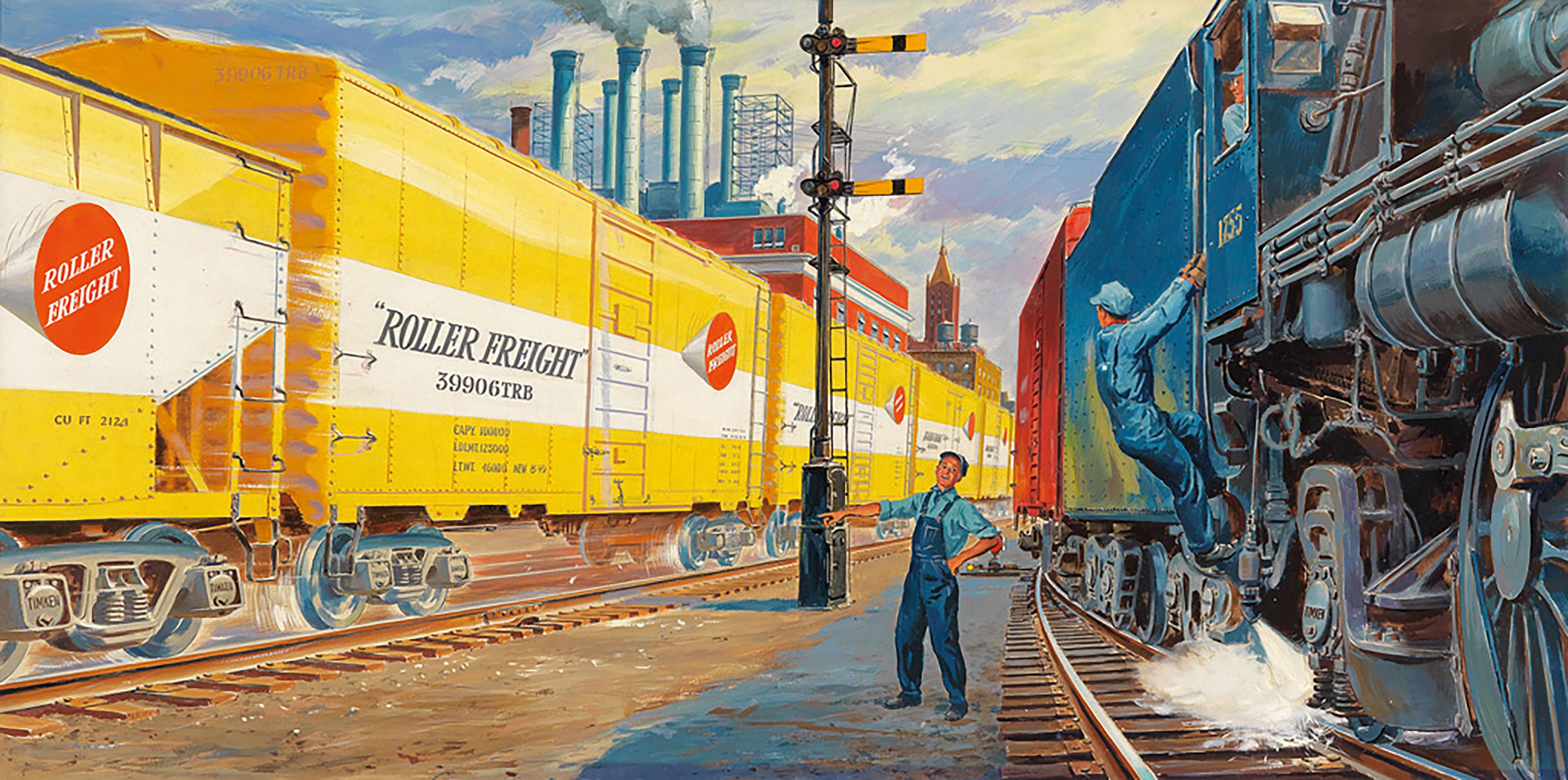 John Gould Figurative Painting - "Timken Roller Freight!"