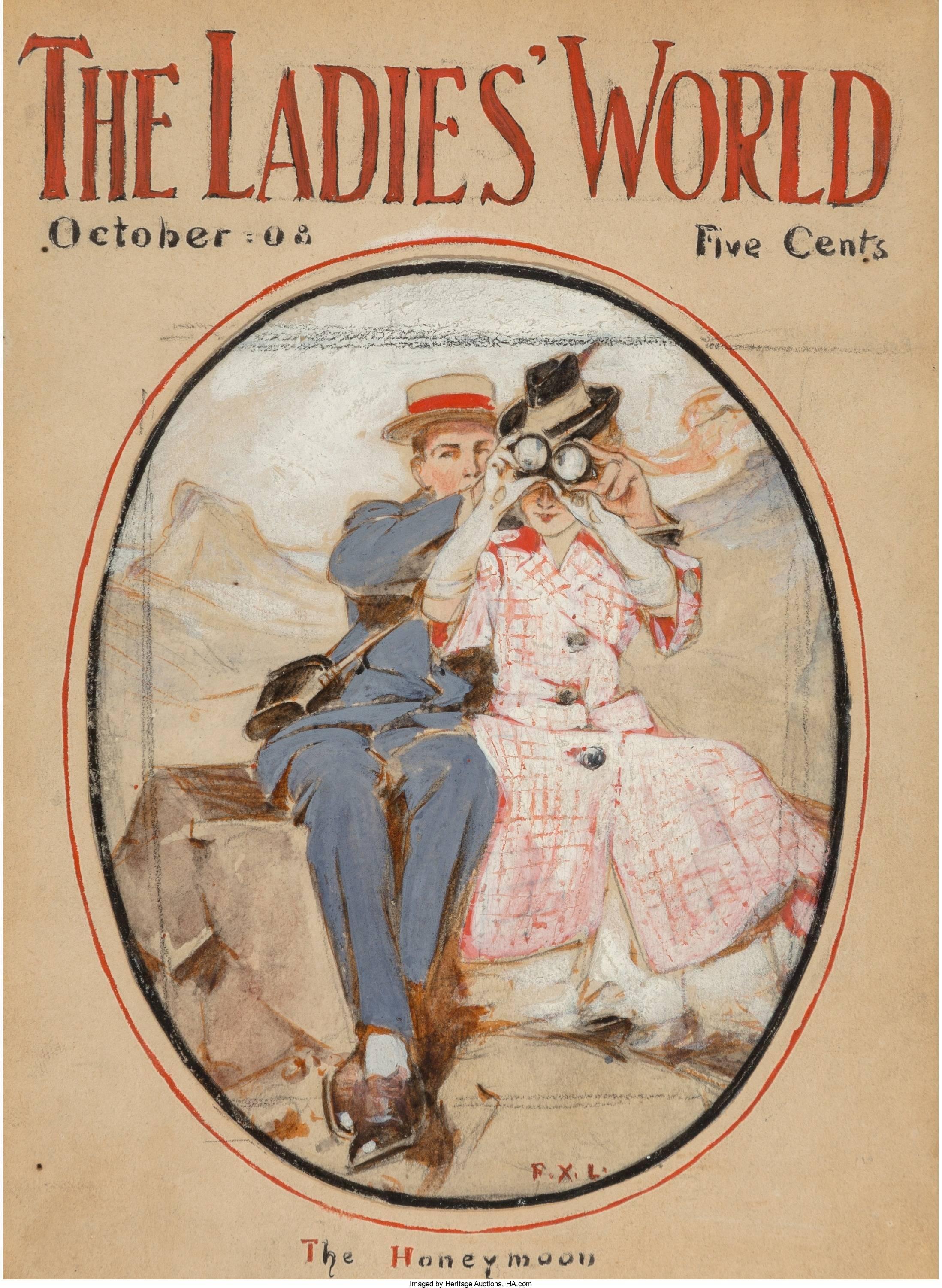 Frank Xavier Leyendecker Figurative Painting – The Honeymoon, Titelseite des Ladies World Magazine, Oktober 1908