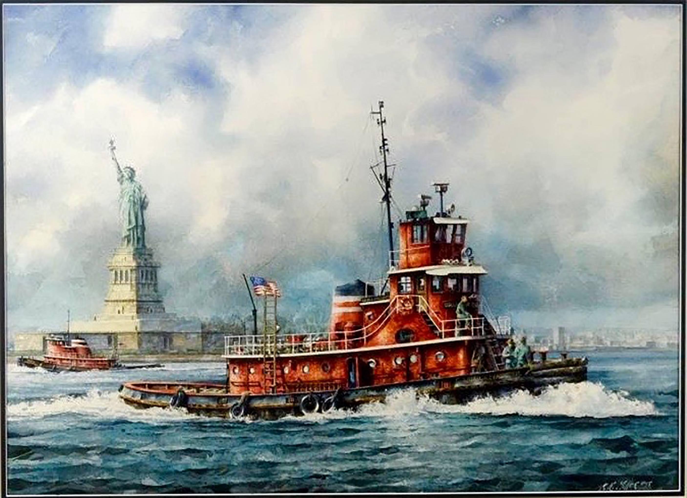 Keith Miller Landscape Art - The Tug Boat Brian McAllister off Liberty Island with Statue of Liberty in 