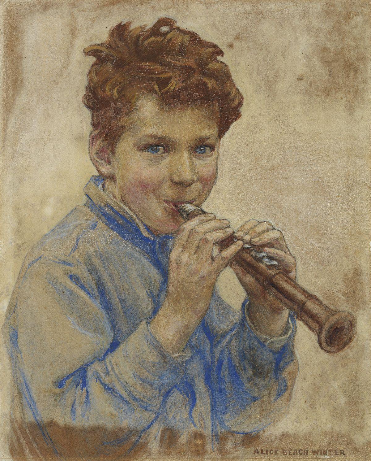 Alice Beach Winter Figurative Art – Boy with Clarinet, Titelseite des Magazins für Kinder, 1927