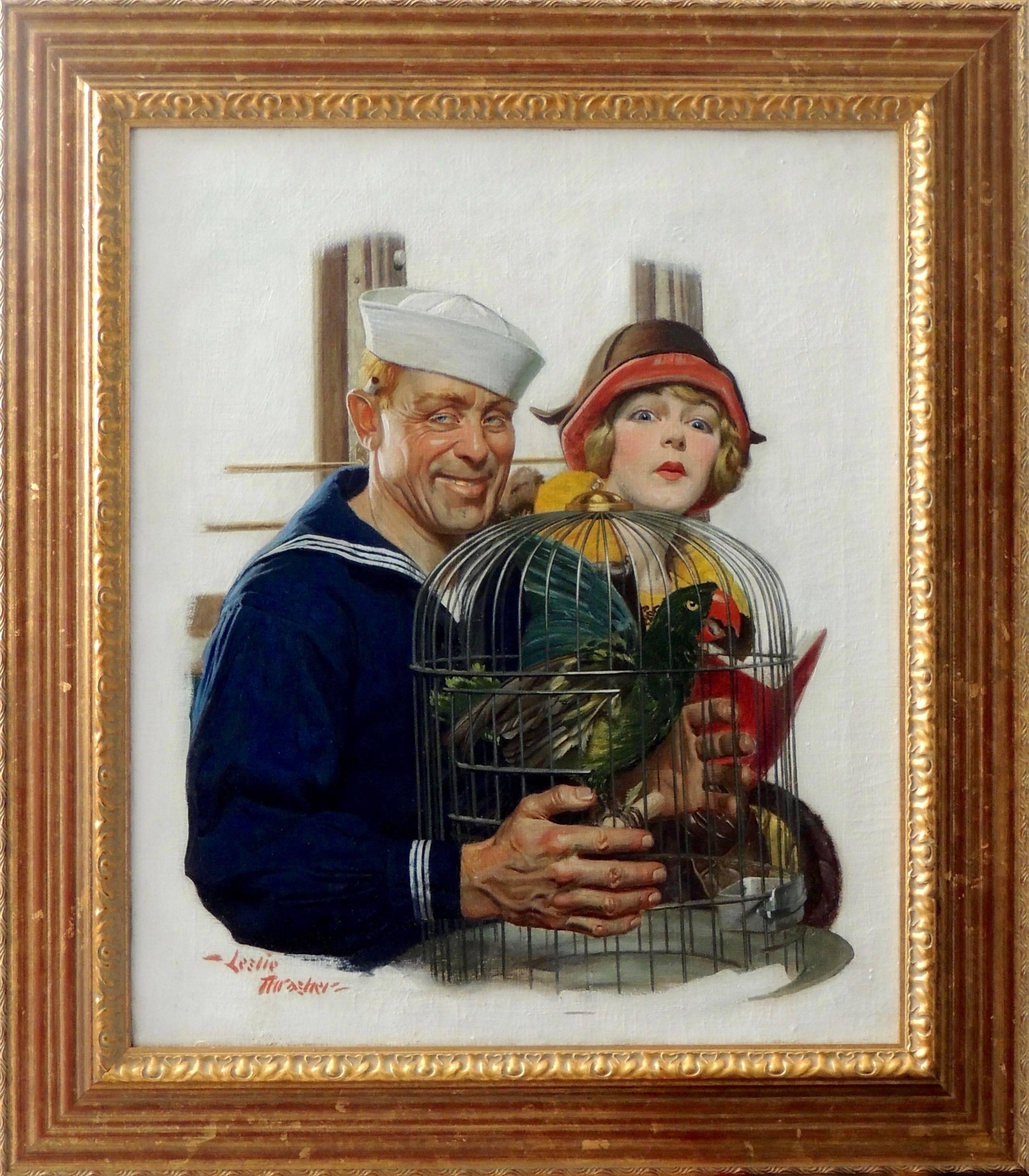Sailor with Bird Cage - Painting by Leslie Thrasher