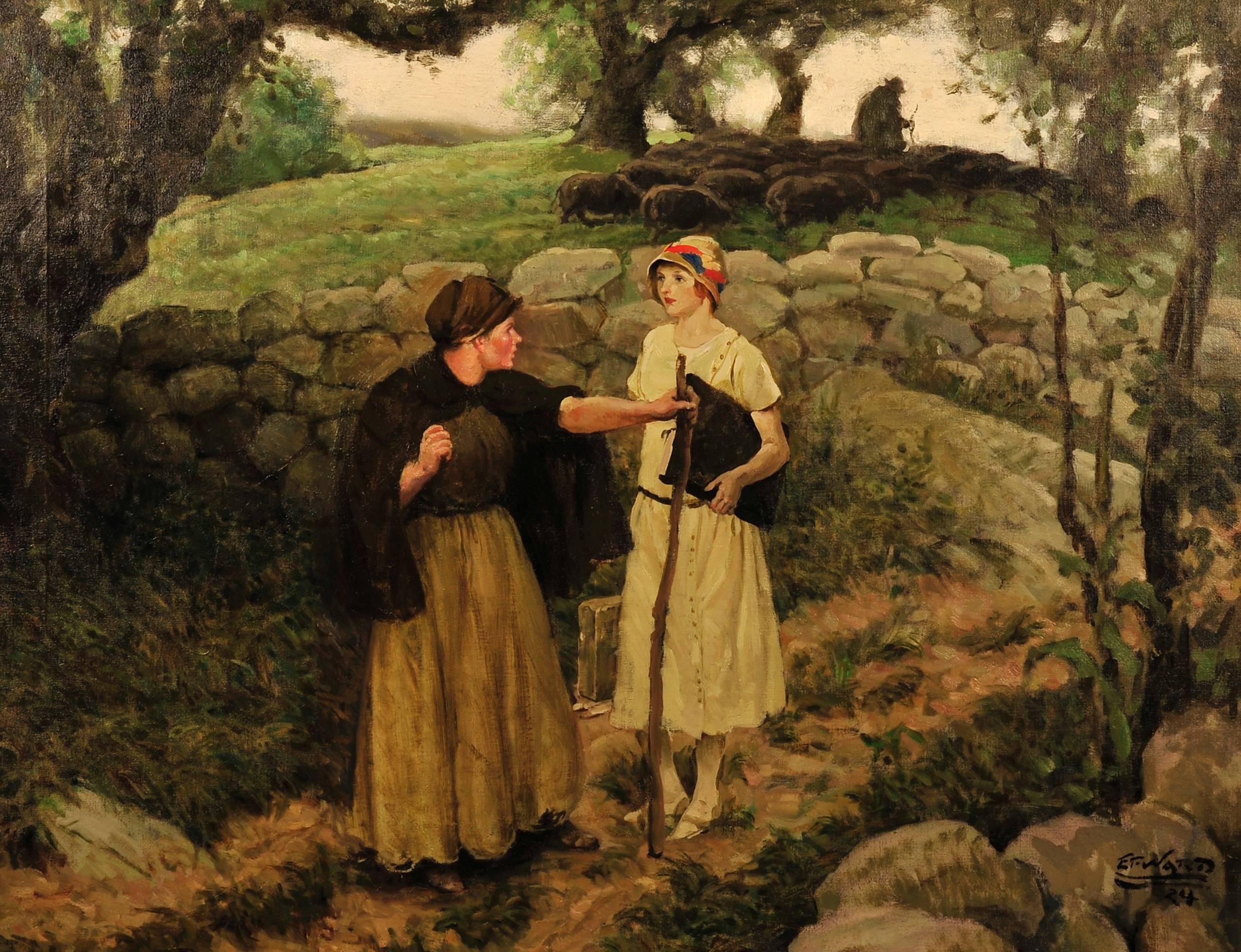 Woman with Sheep - Painting by Edmund Ward