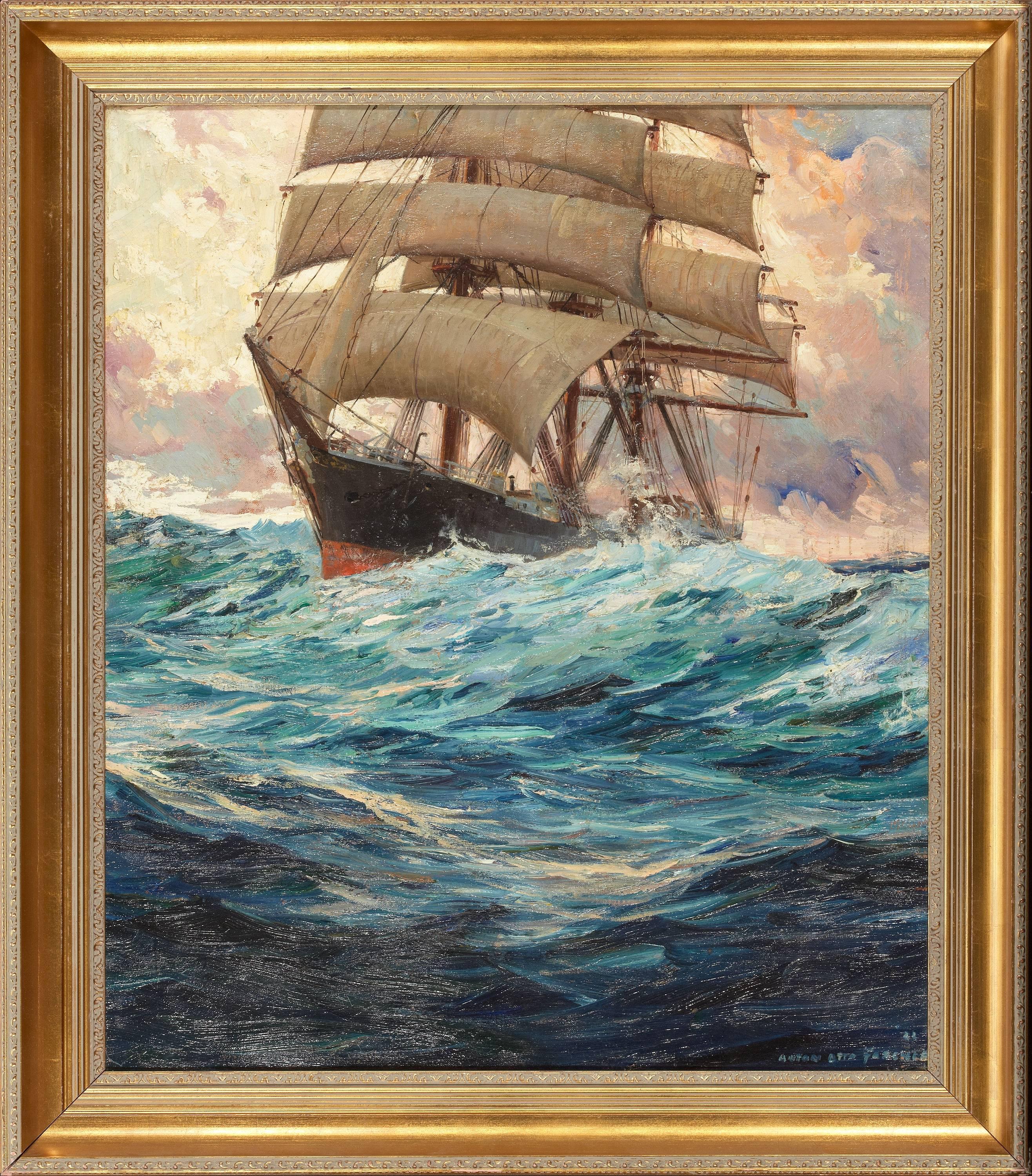 Bateau Clipper en mer - Autres styles artistiques Painting par Anton Otto Fischer