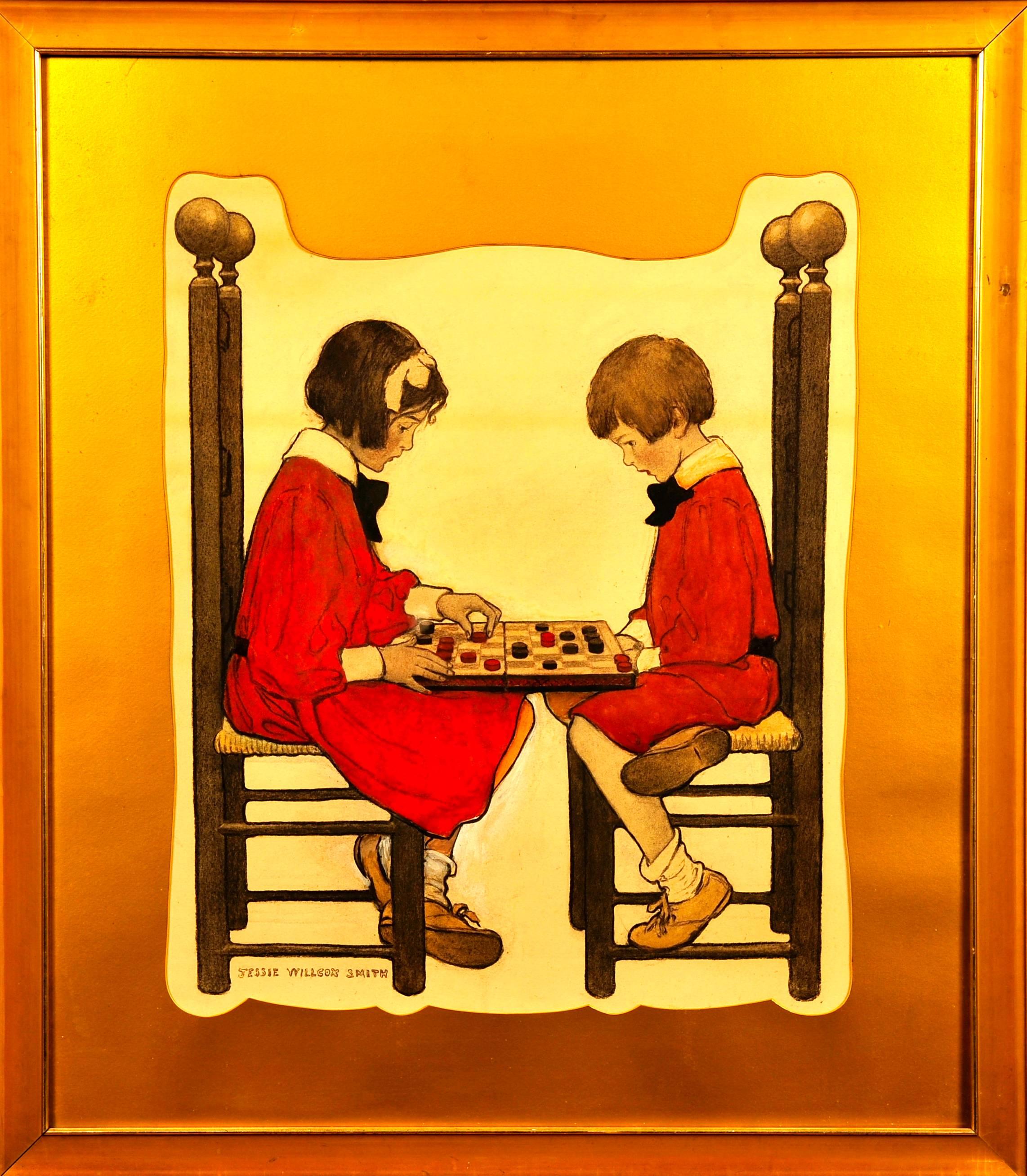 A Game of Checkers, Collier's Magazine Cover - Painting by Jessie Willcox Smith