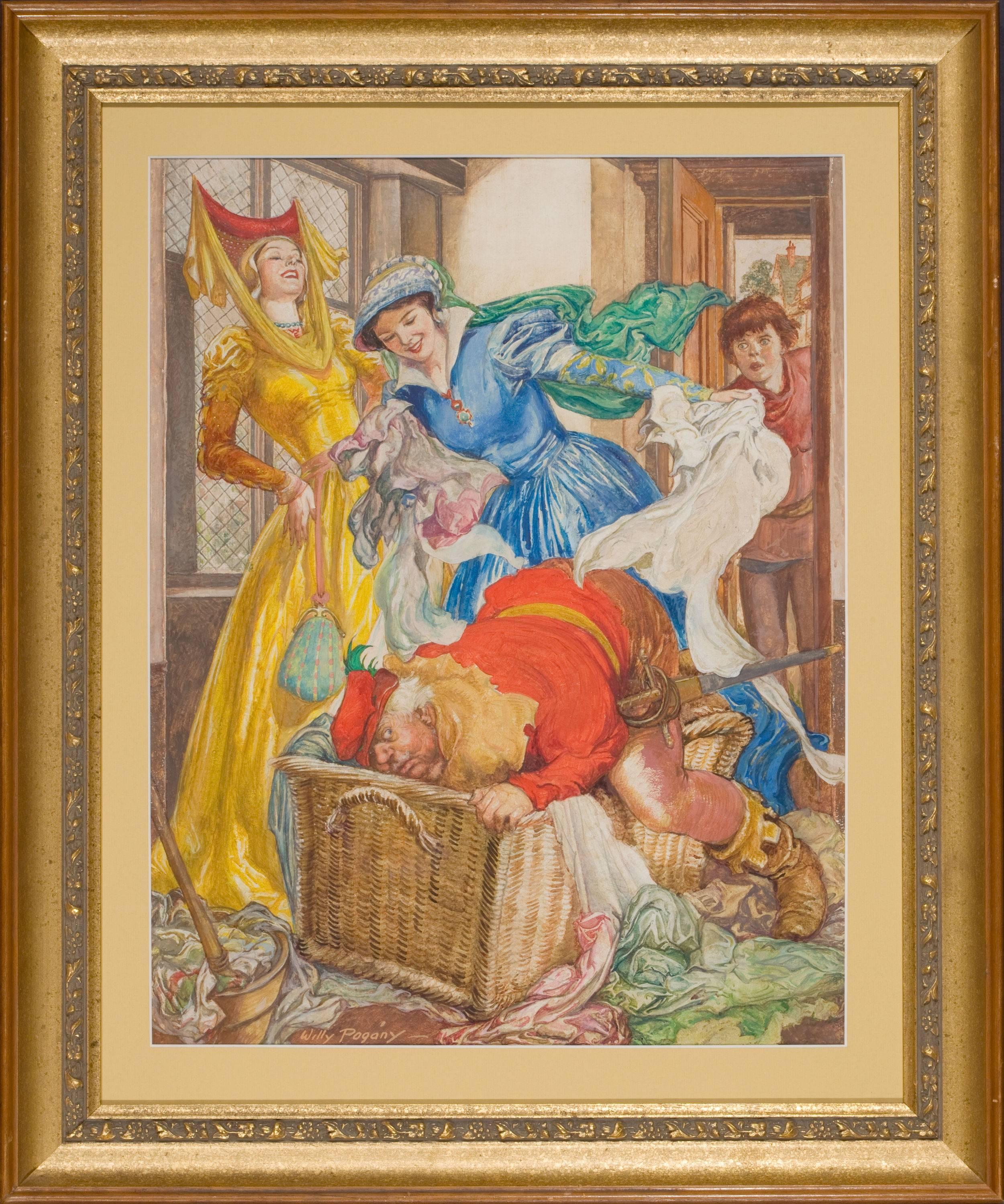 Original cover illustration for The American Weekly, published February 5, 1950. From Pogany’s “Beauties of Shakespeare” cover series for the magazine, this illustration depicts a scene from The Merry Wives of Windsor where Sir John Falstaff hides
