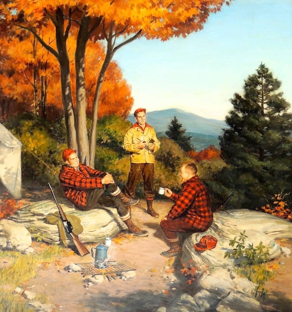 Figurative Painting de Frank Bensing - Tres hombres cazando, anuncio de Goodyear