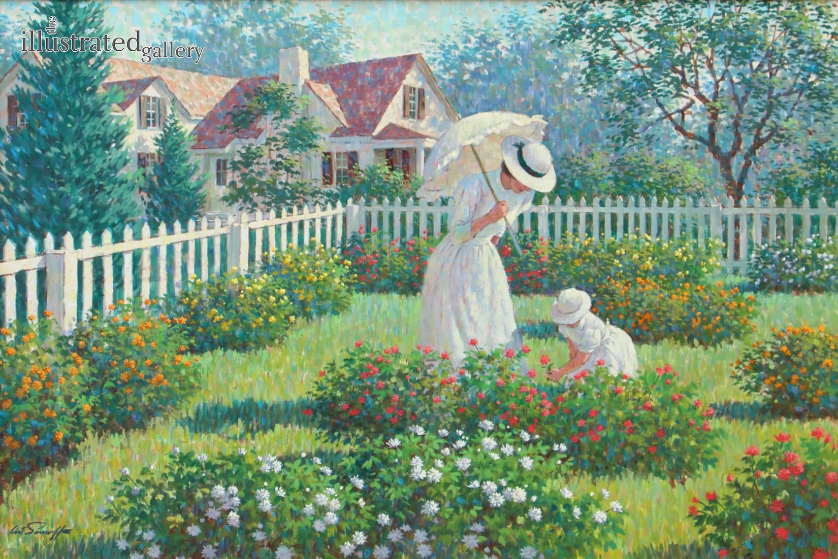 Arthur Sarnoff Landscape Painting - Mother and Daughter in Garden