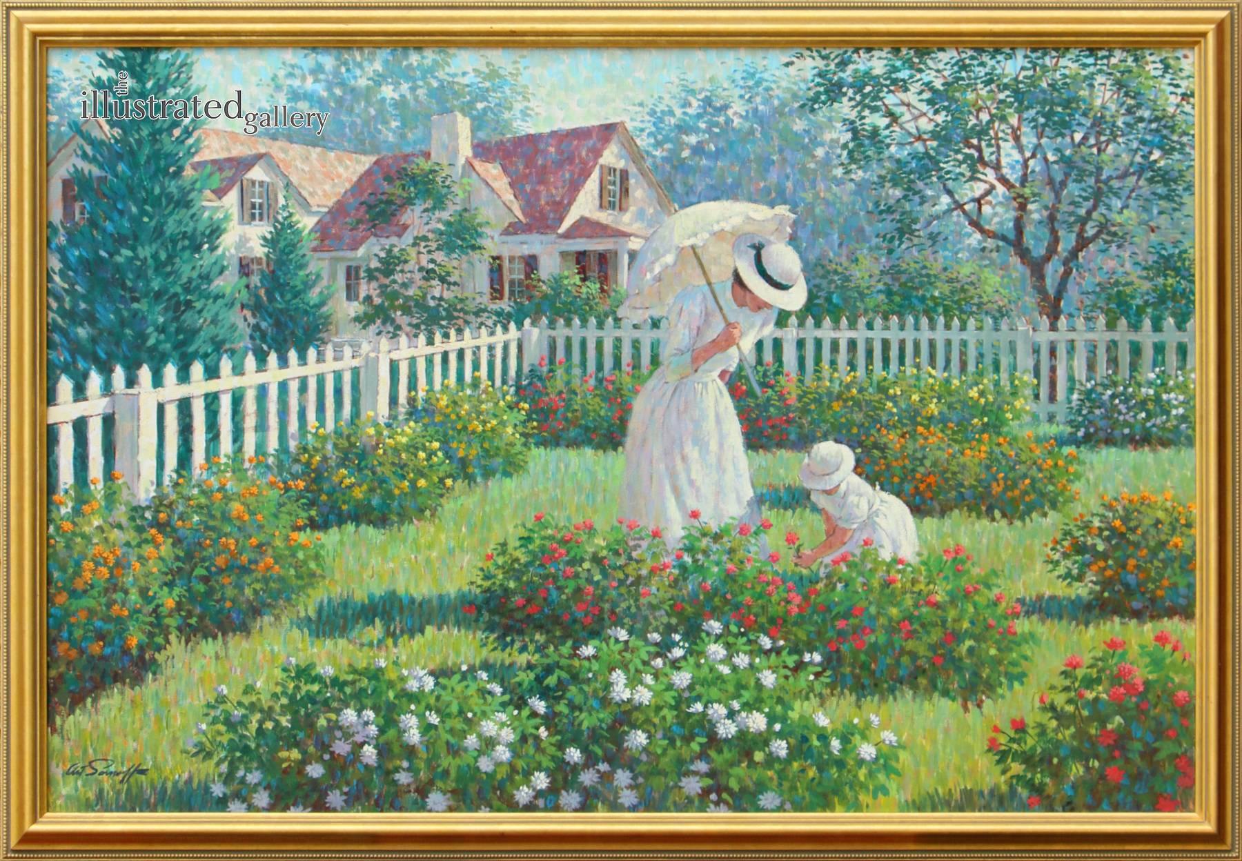 Mother and Daughter in Garden - Painting by Arthur Sarnoff