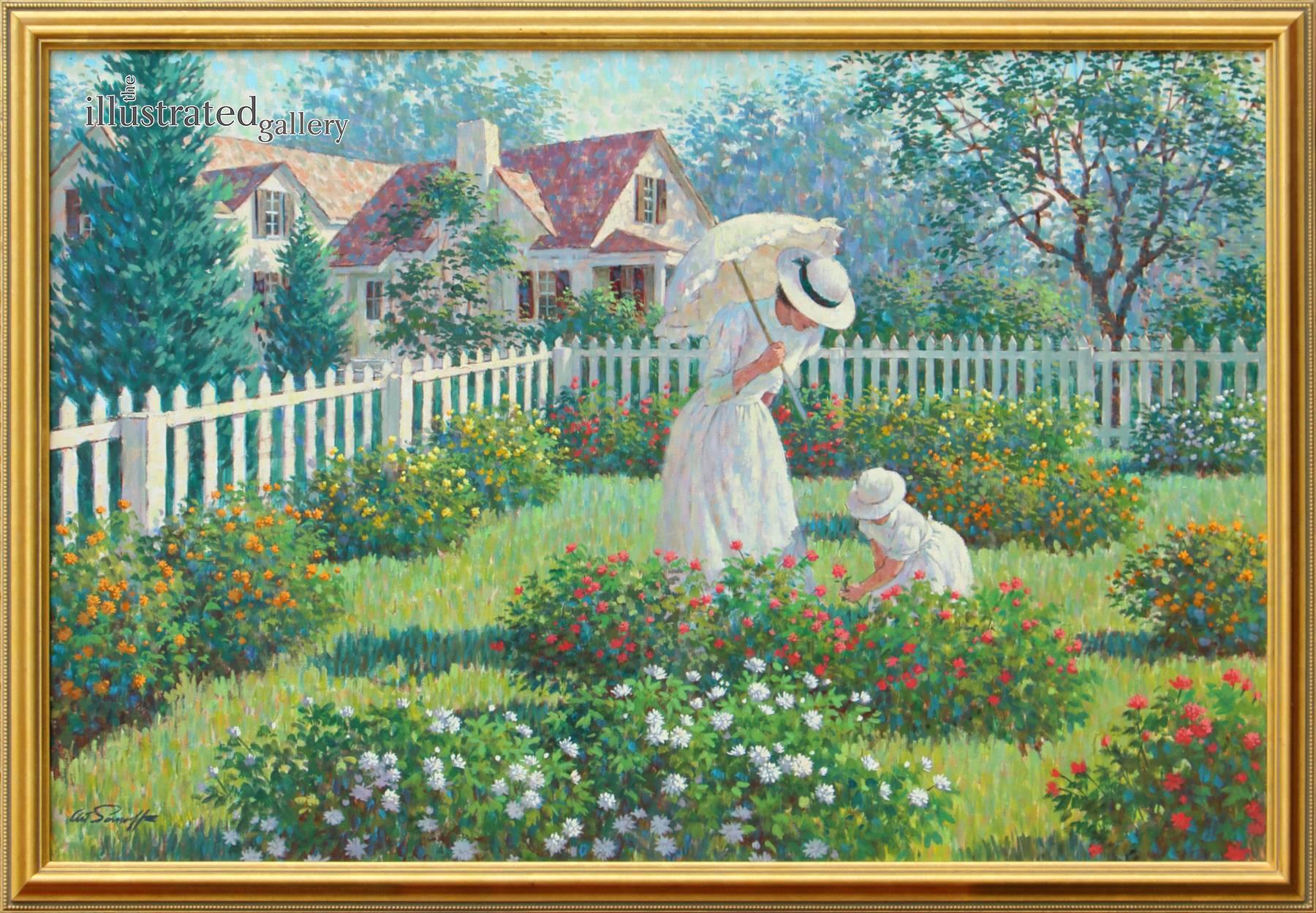 Madre e figlia in giardino - Painting di Arthur Sarnoff