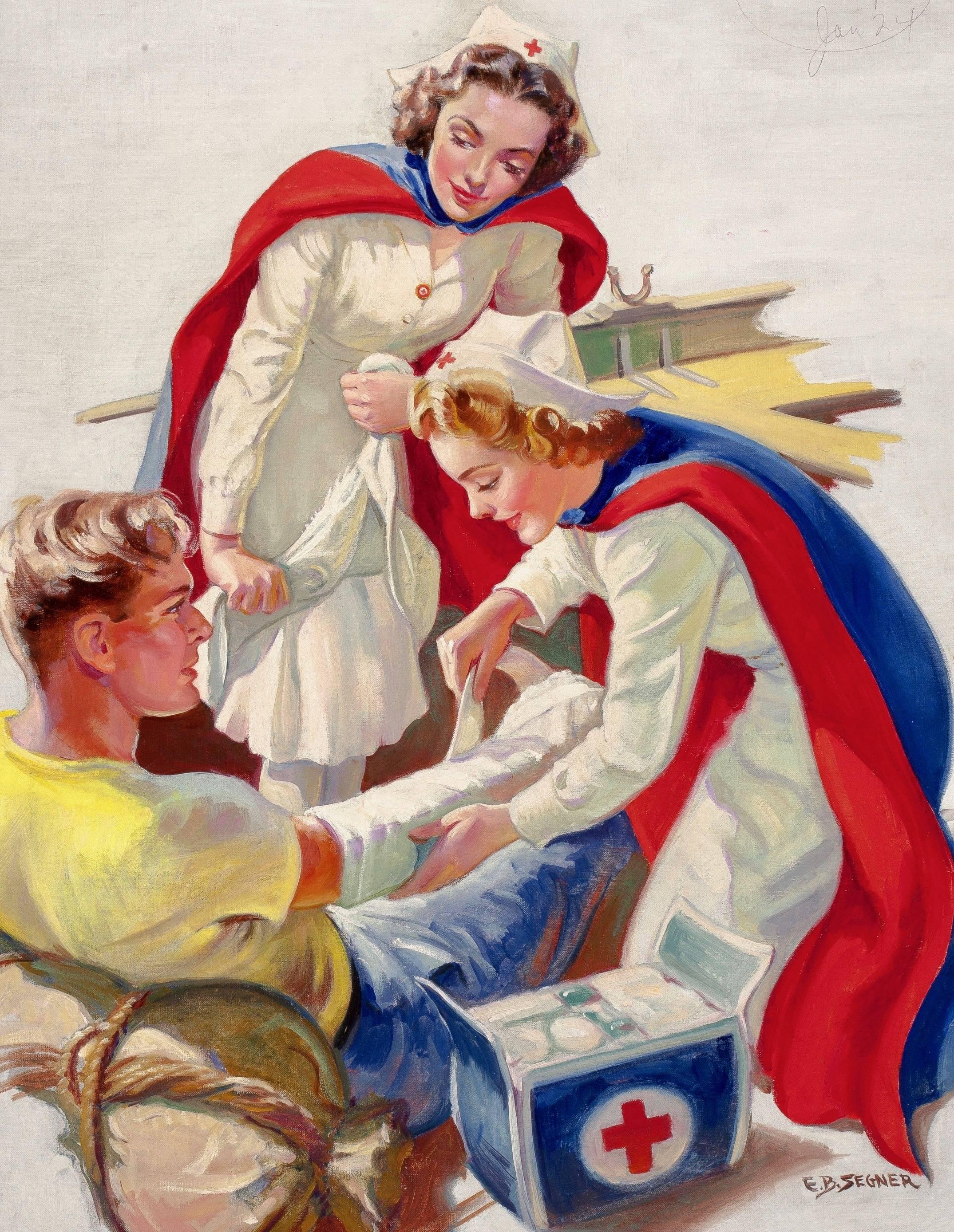 Ellen Barbara Segner Figurative Painting - Helping the Wounded, Probable Red Cross Advertisement