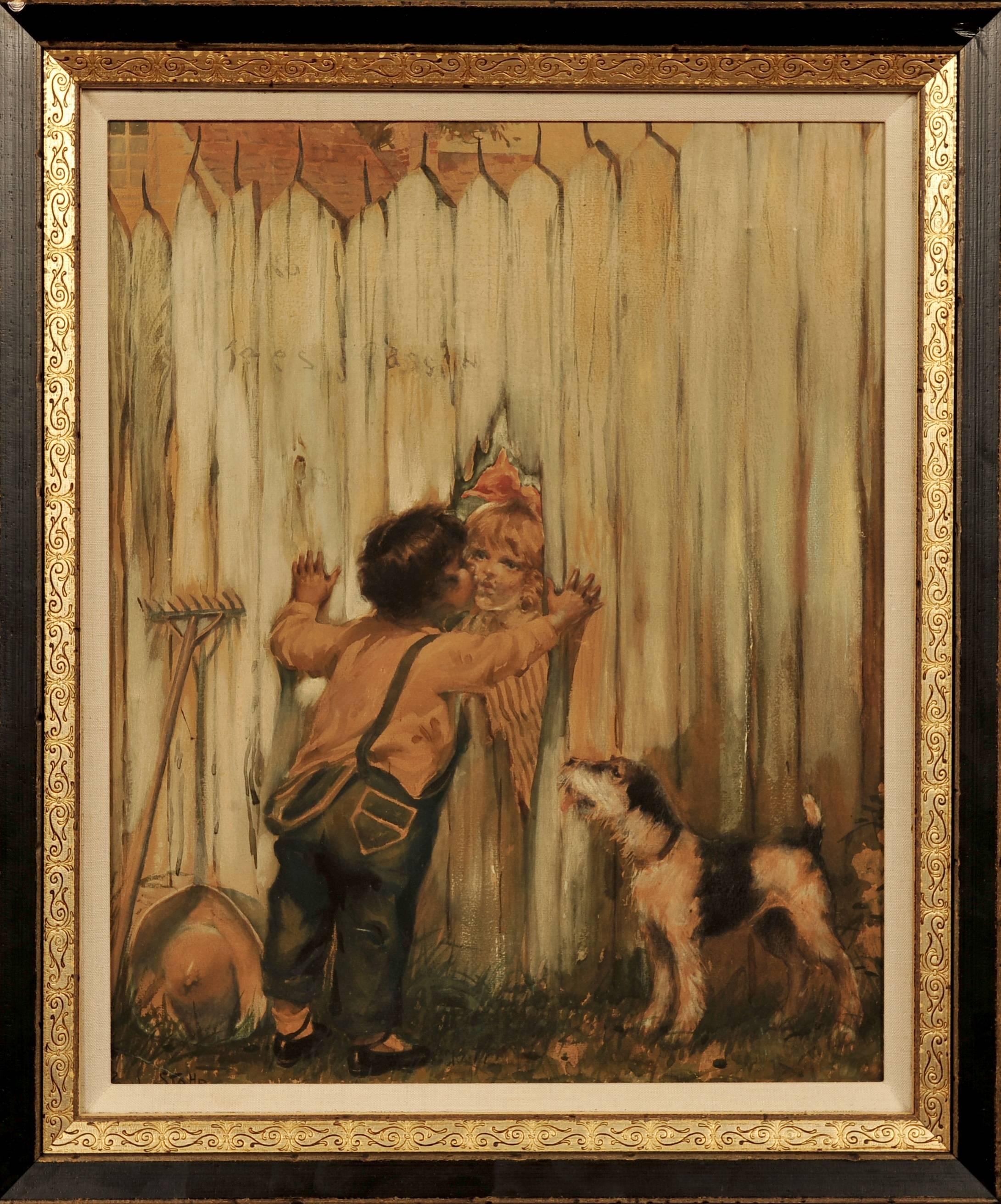 Boy Kissing Girl Through Fence - Painting by Paul C. Stahr
