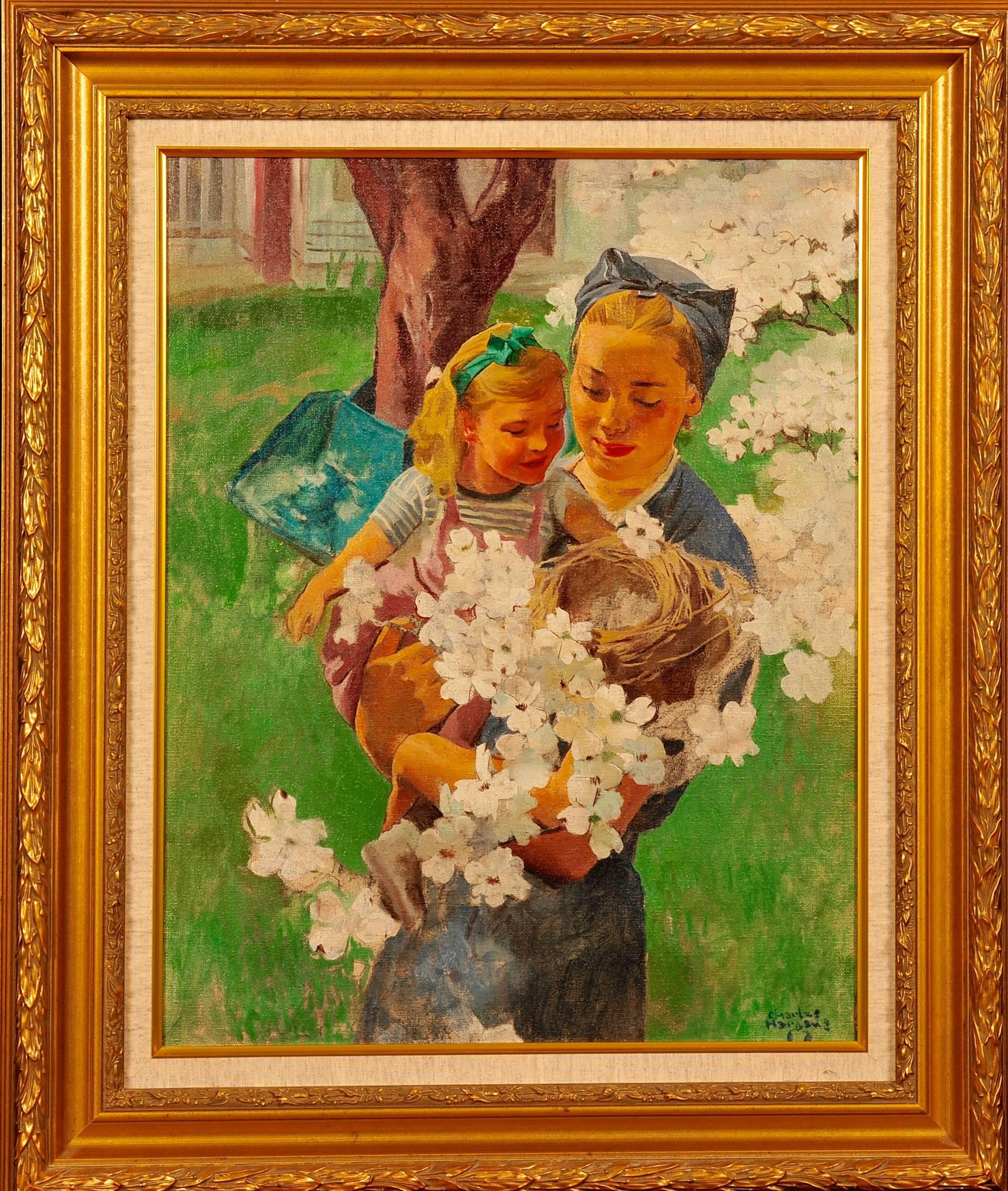 Mother and Daughter in Garden - Painting by Charles Hargens