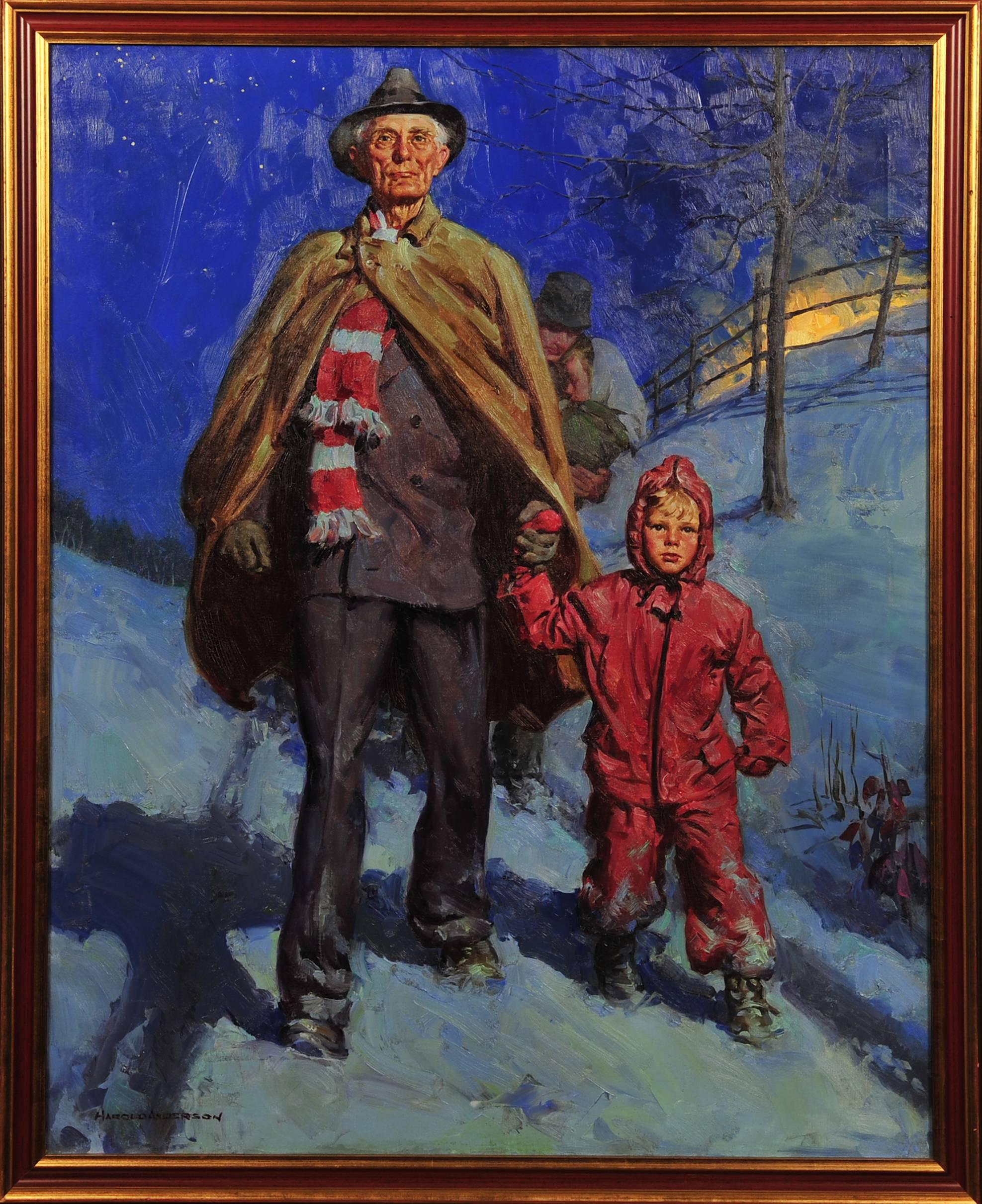 Man and Grandson Walking in the Snow - Painting by Harold Anderson