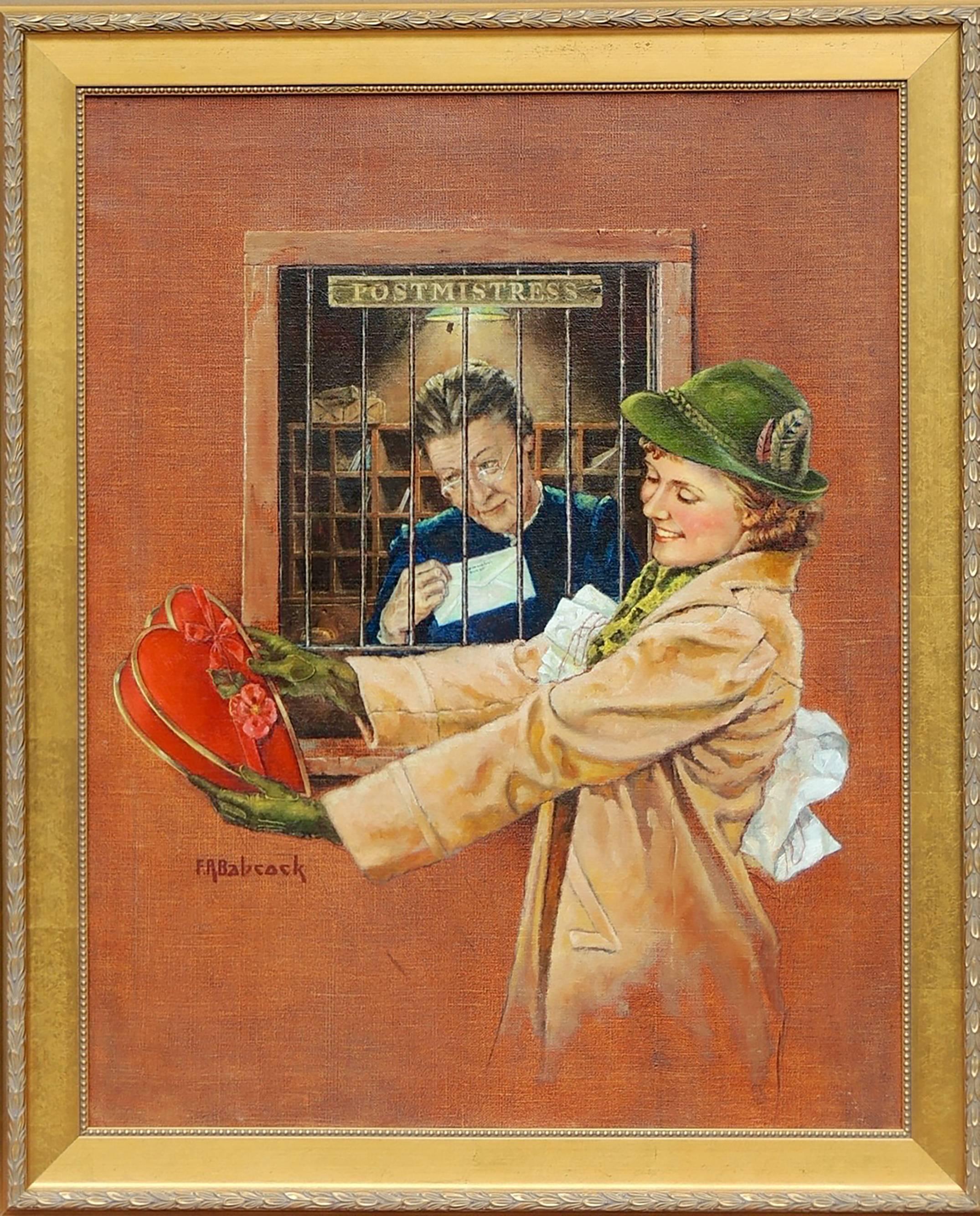Woman Receiving Box of Chocolates at the Post Office, Liberty Magazine - Painting by Babcock, Richard Fayerweather