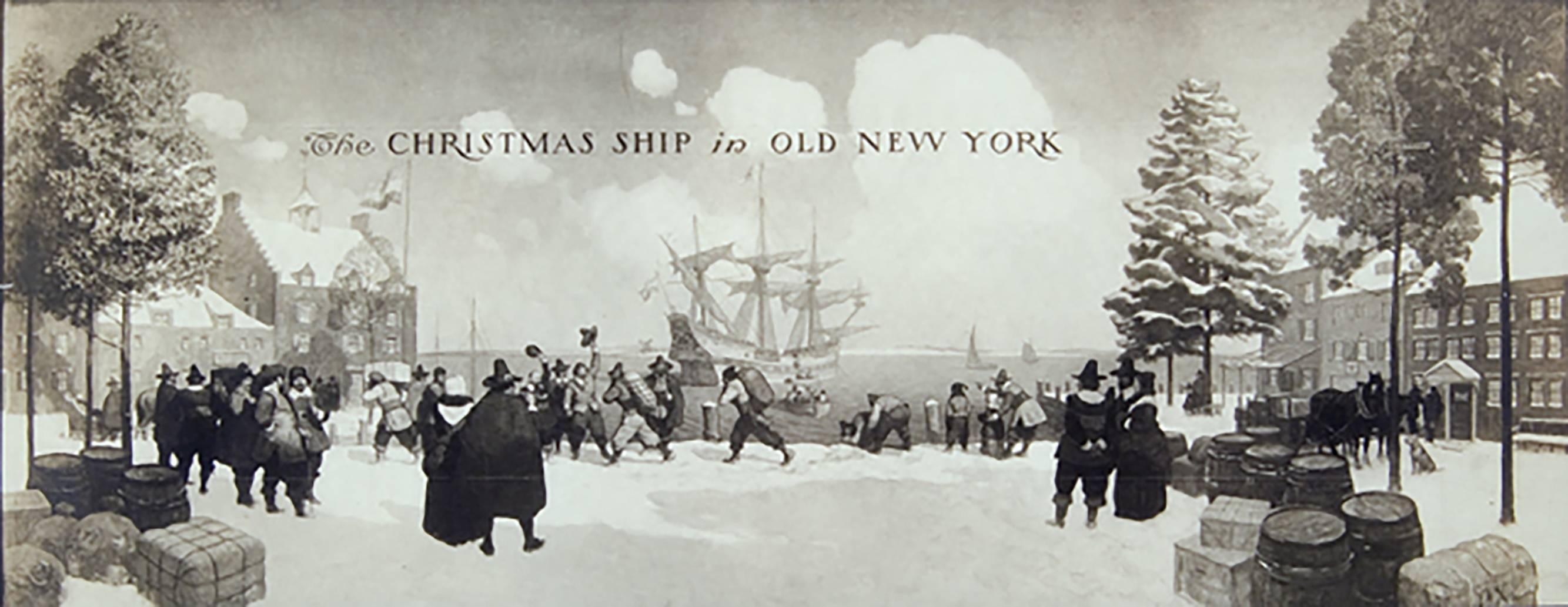 Weihnachtsschiff im alten New Yorker Stil (Grau), Landscape Painting, von Newell Convers Wyeth