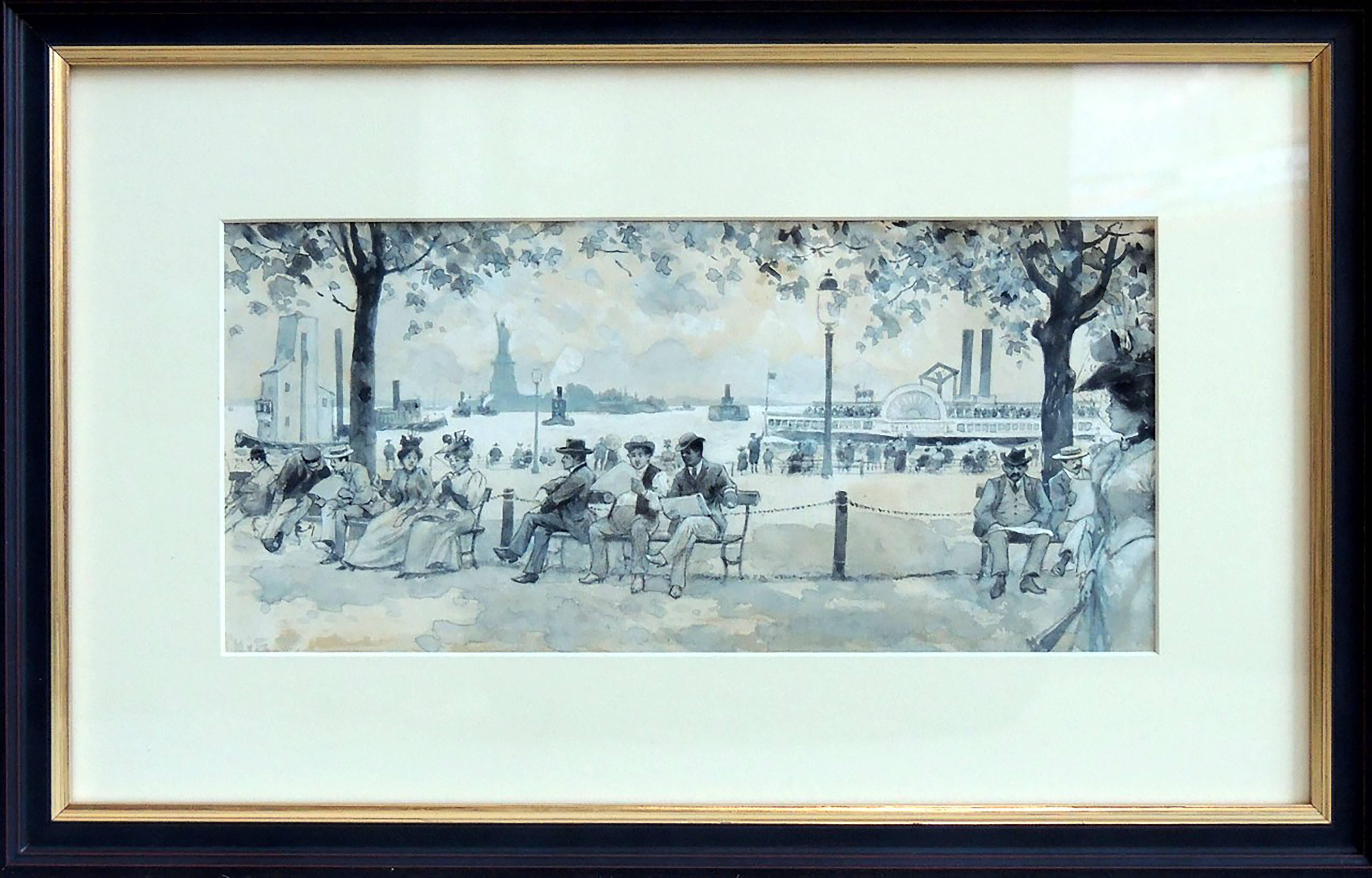 Battery Park con la Estatua de la Libertad - Painting de Henry Tidmarsh