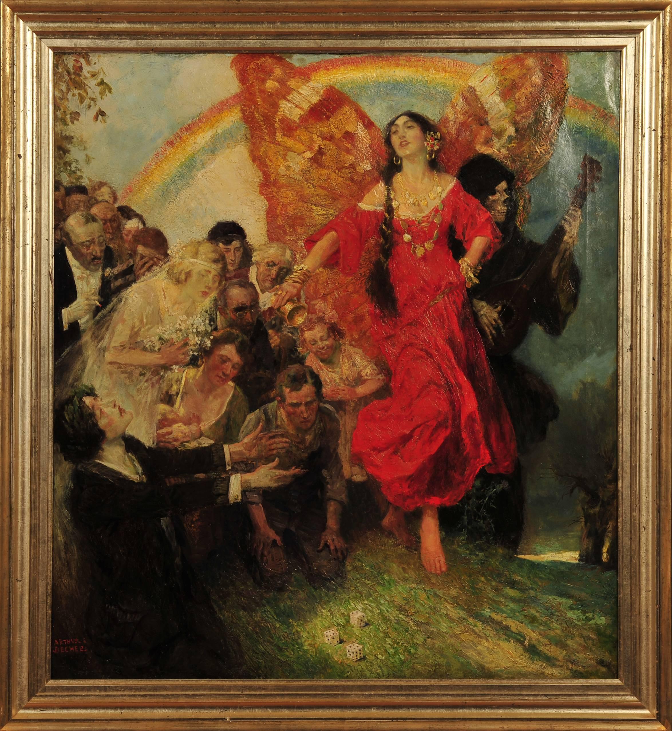 Donna in rosso con le ali - Painting di Arthur E. Becher
