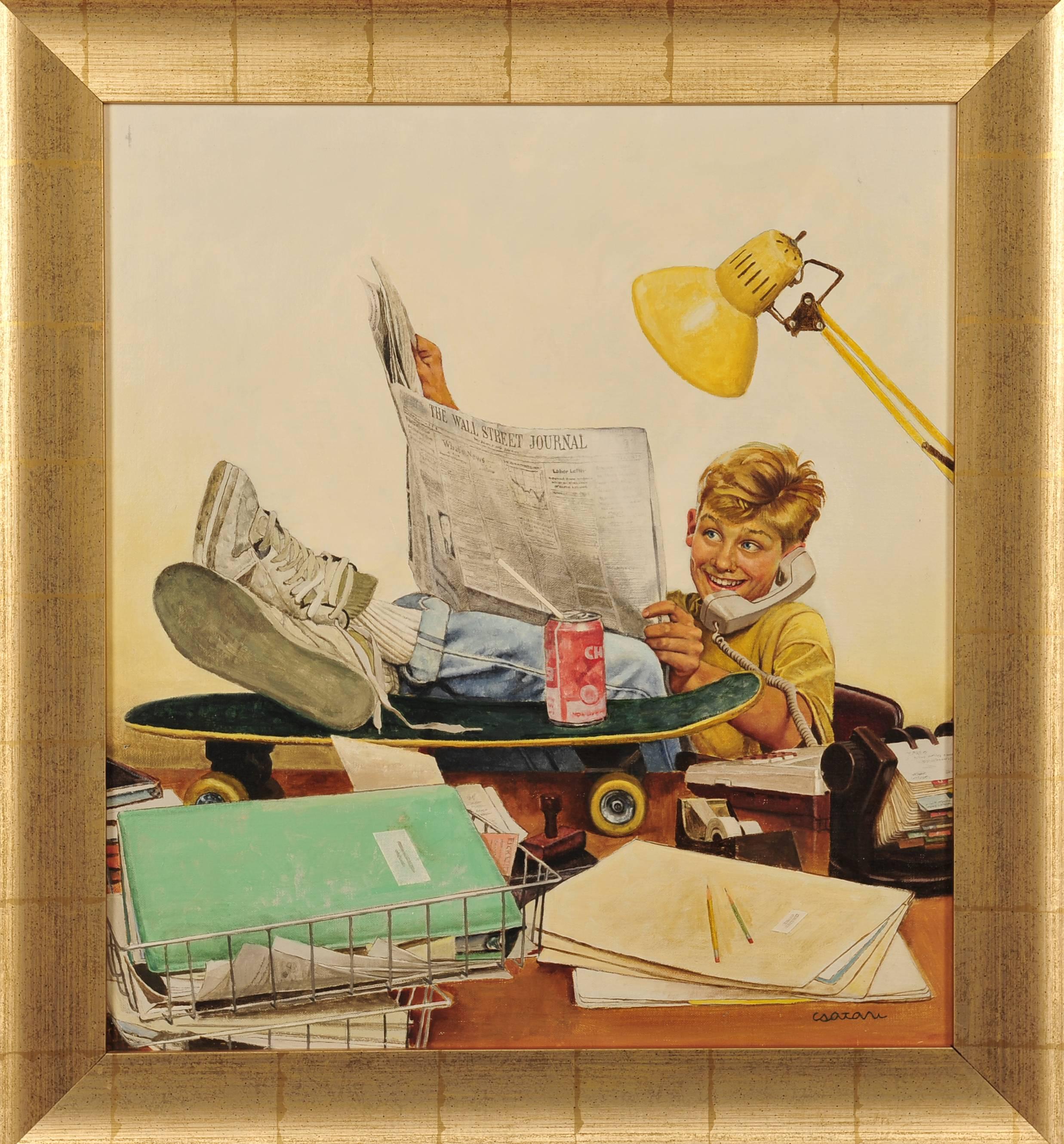 Boy With Newspaper - Painting by Joseph Csatari