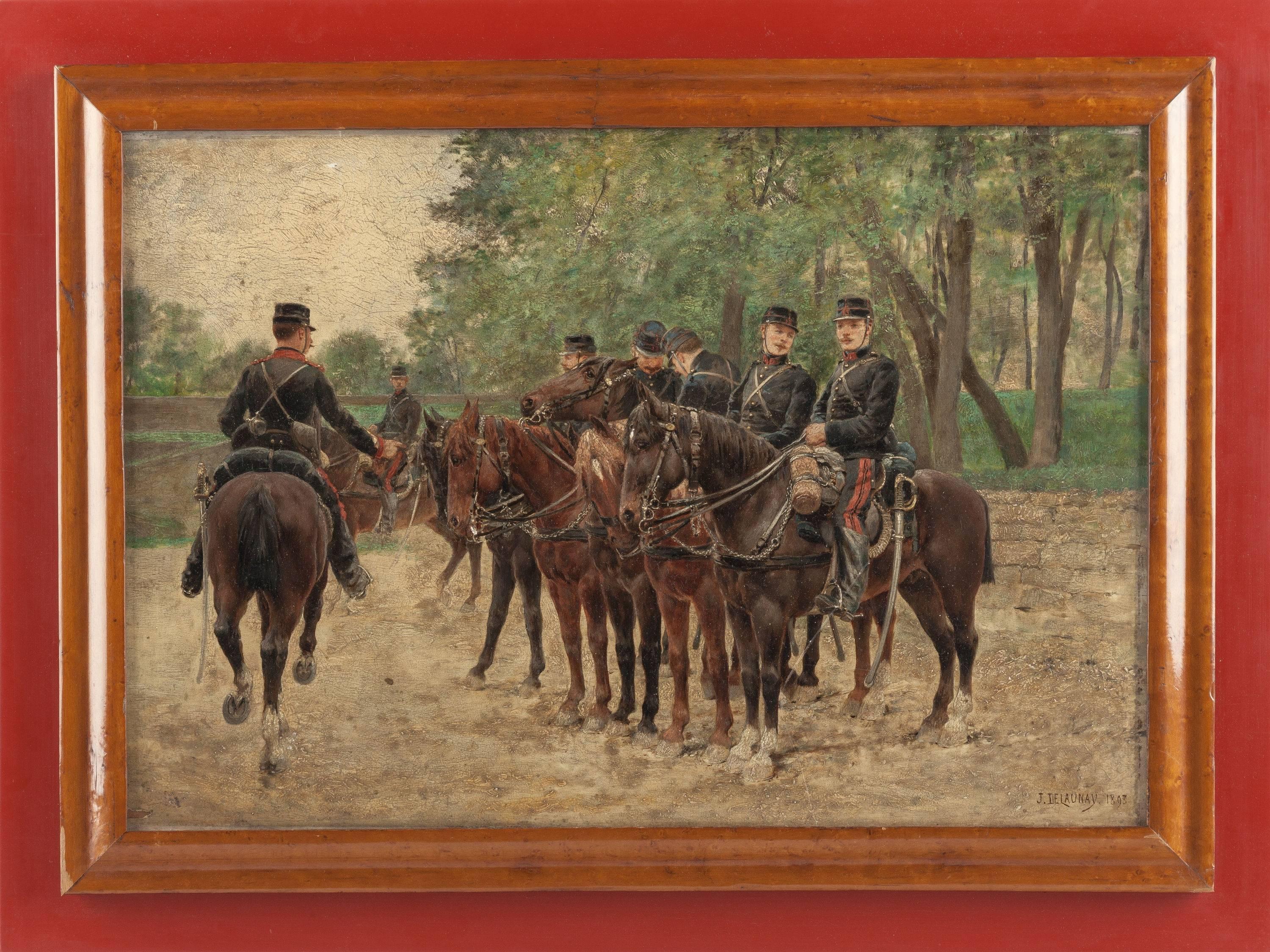 French Military on Horseback - Painting by Jules Delaunay