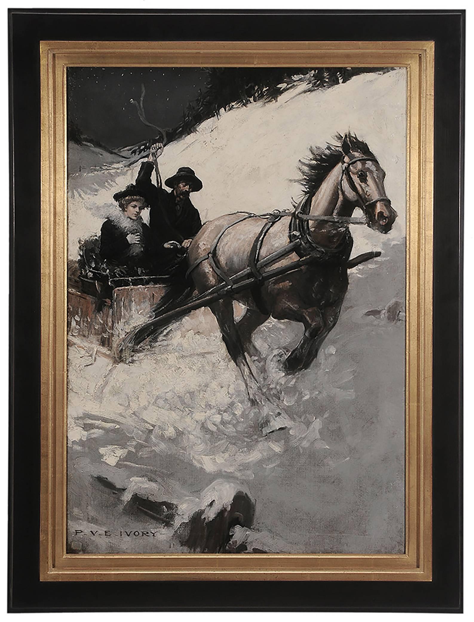 Horse-Drawn Sled Racing down a Snowy Pass - Painting by Percy van Eman Ivory