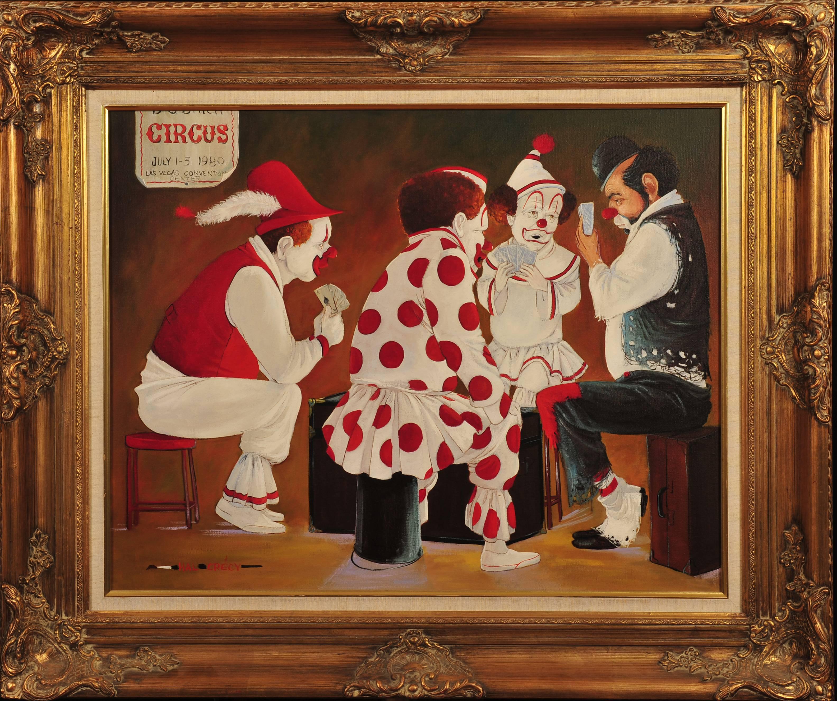 Hobo & Three Clowns at Poker - Painting by Hal Crecy