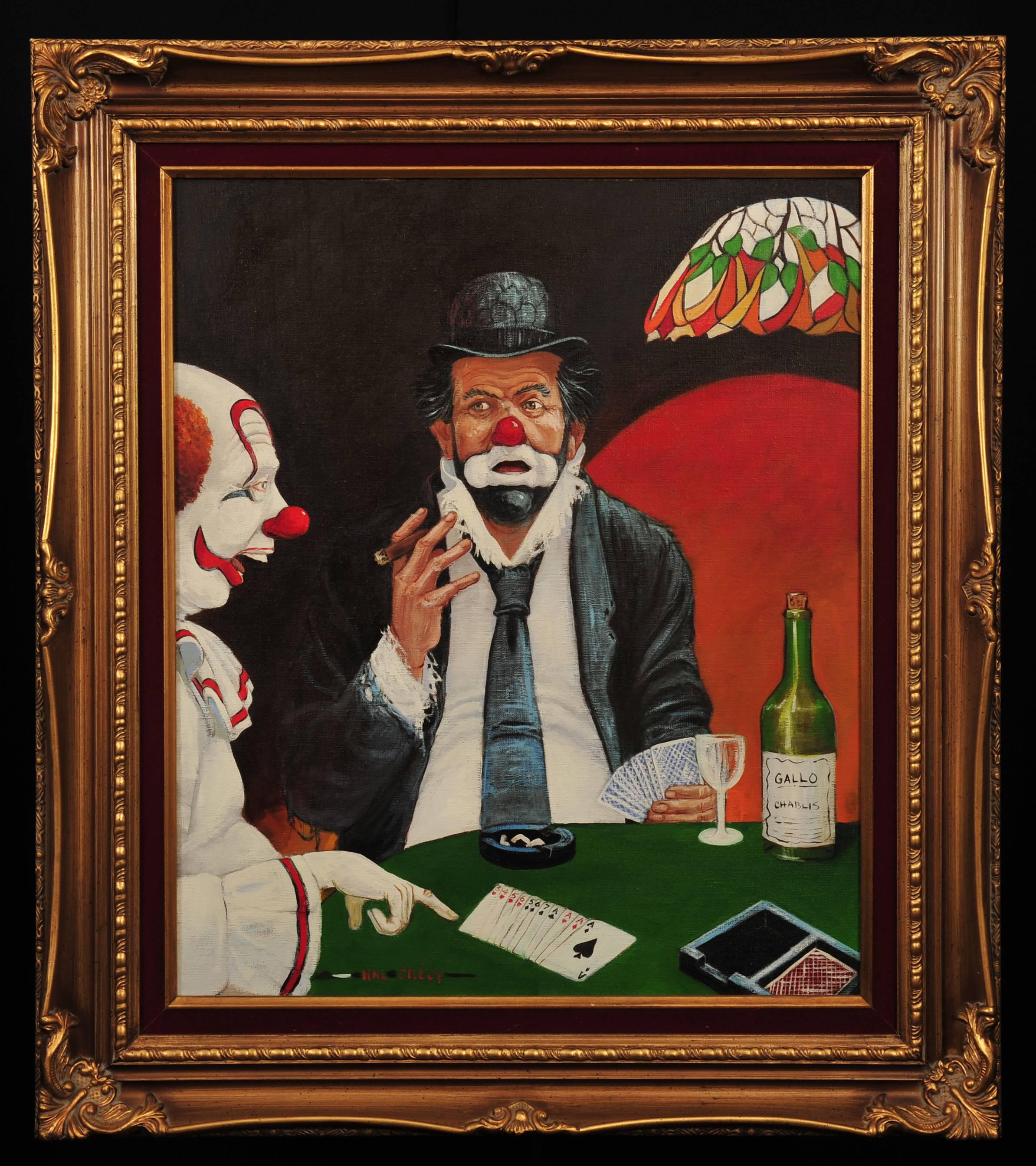 Clown che fumano sigari e giocano una partita a carte di Gin Rummy - Painting di Hal Crecy