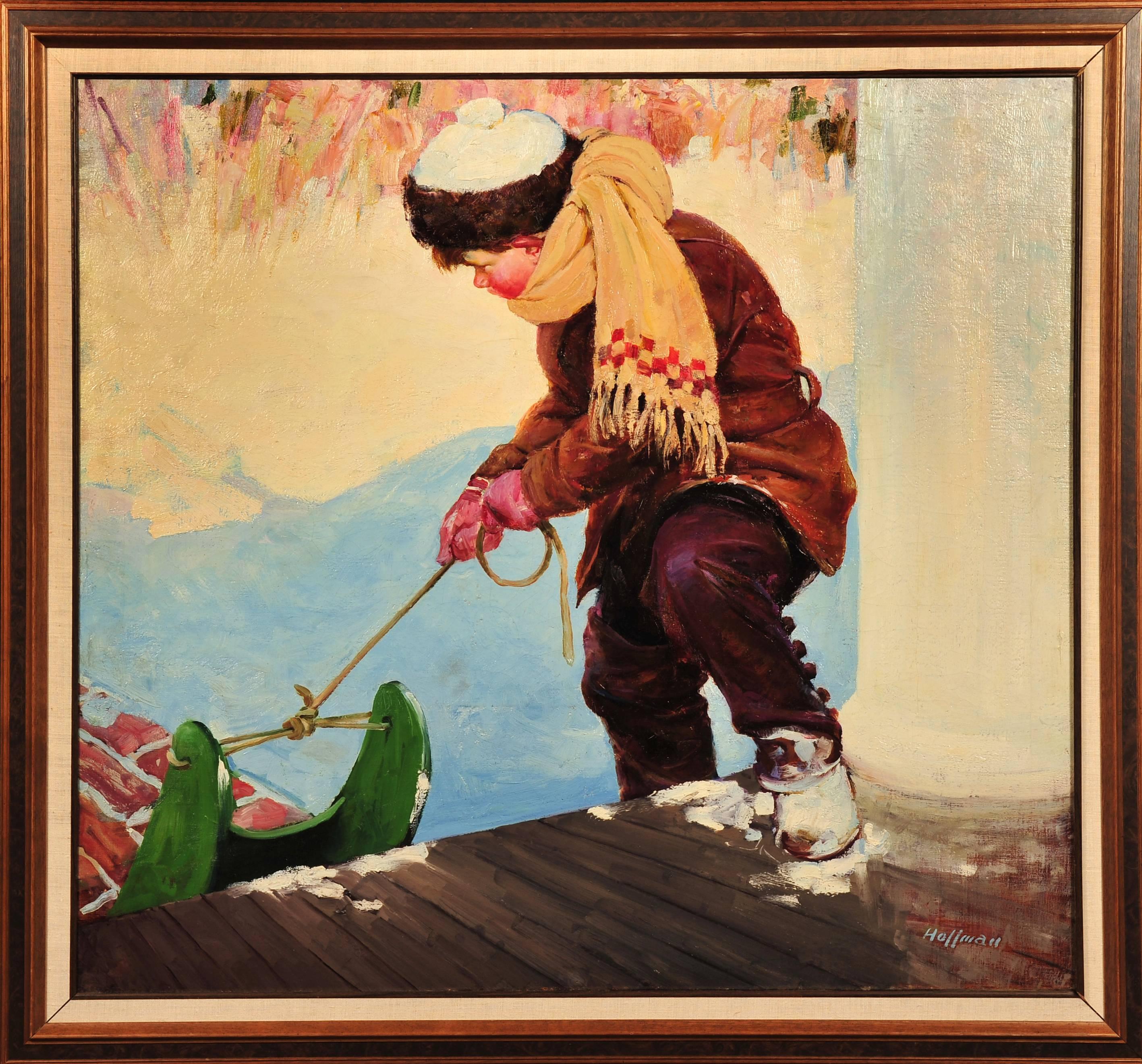 Boy Pulling his Sled - Painting by Frank Hoffman
