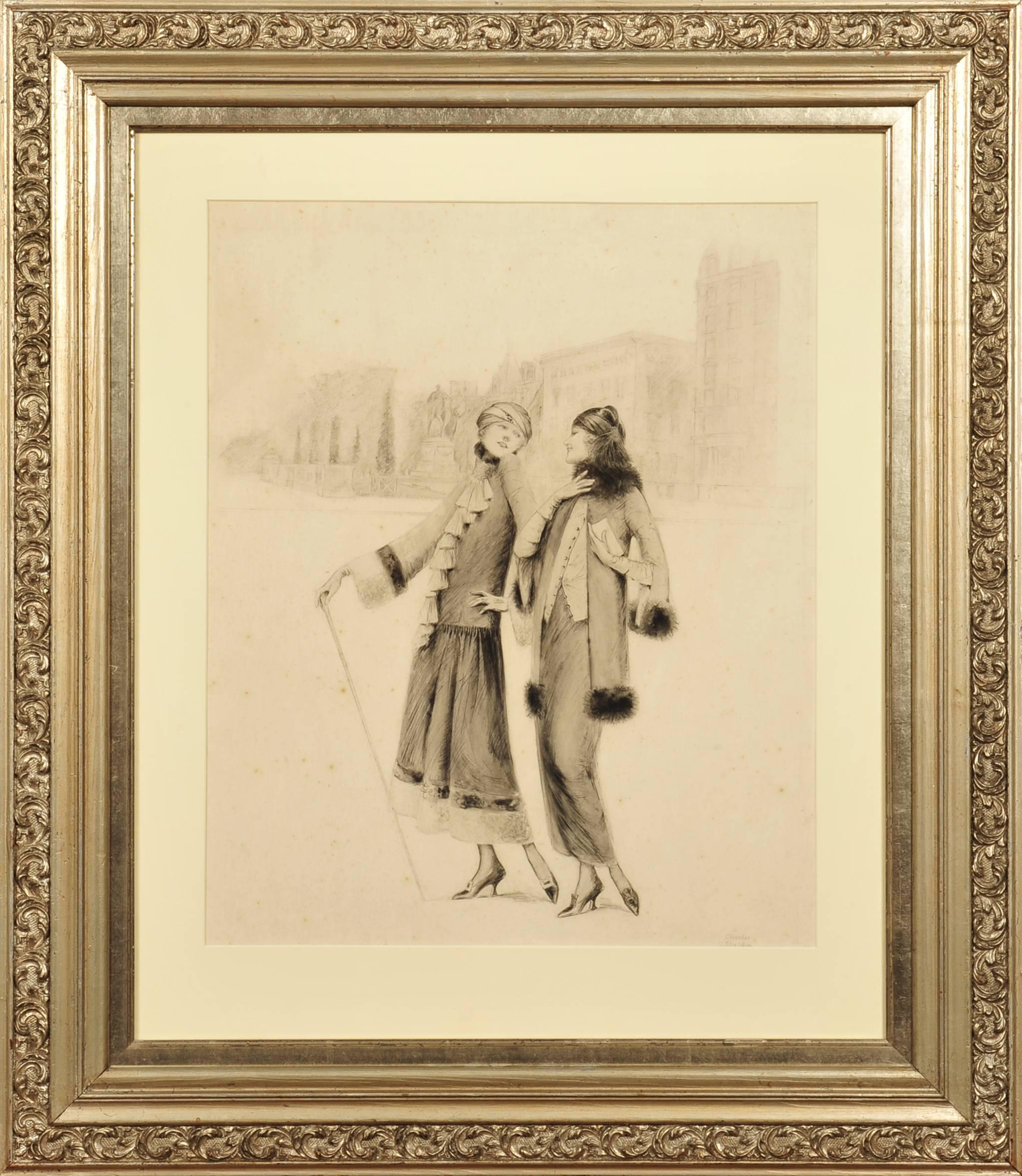 Two Women on a Paris Street - Art by Charles Sheldon