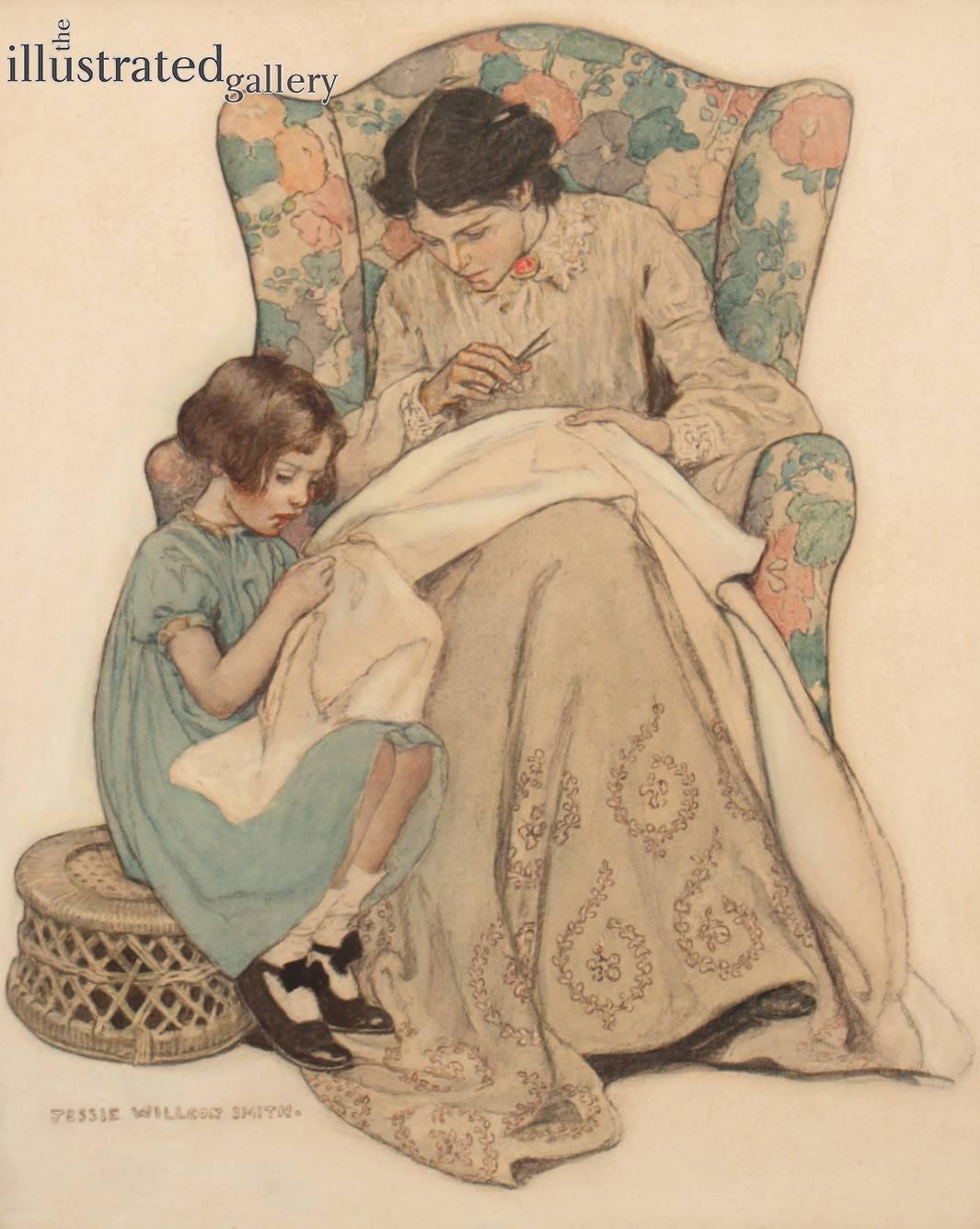 Jessie Willcox Smith Figurative Painting - The Sewing Lesson, Collier's Magazine Cover