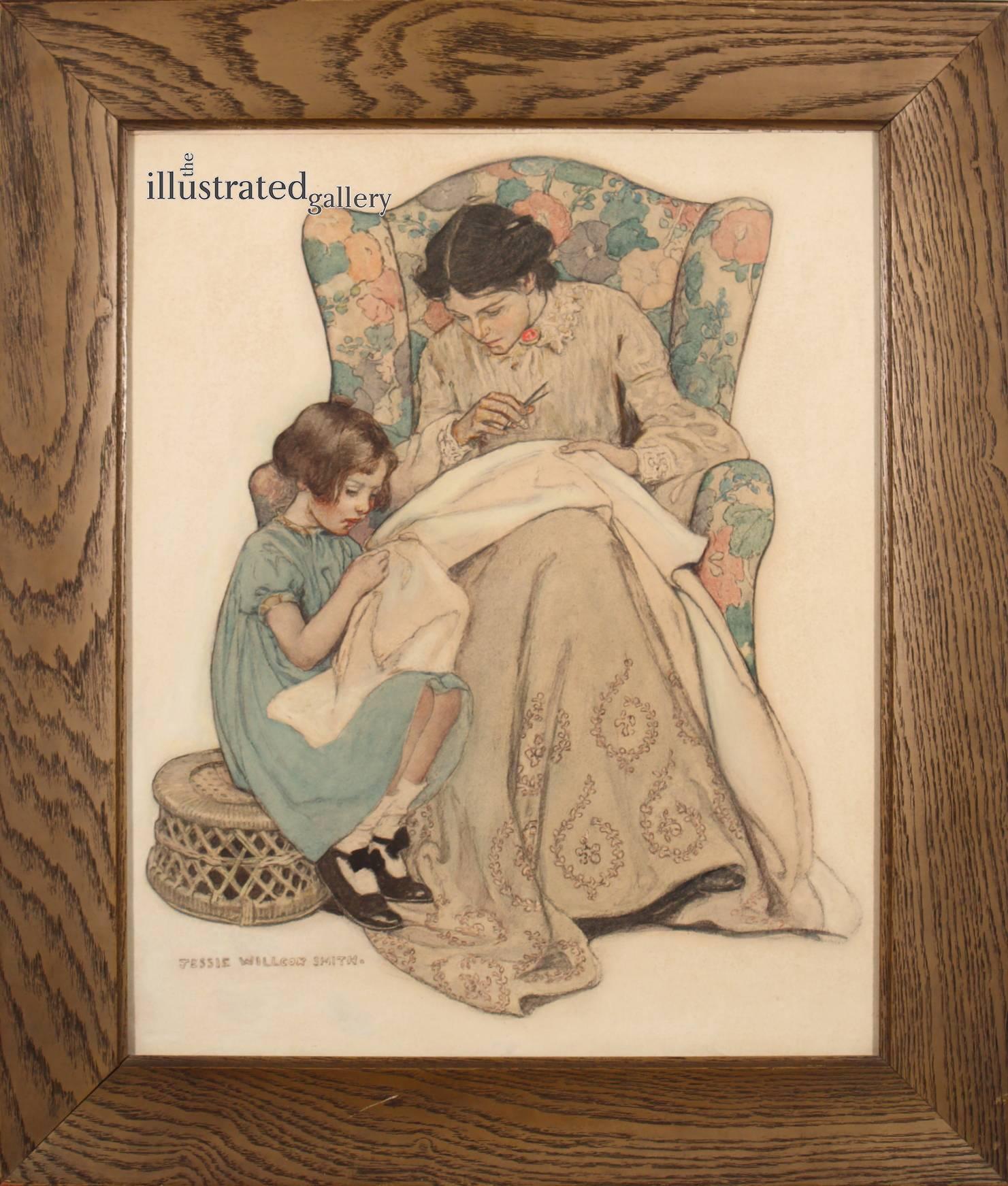 The Sewing Lesson, Collier's Magazine Cover - Painting by Jessie Willcox Smith