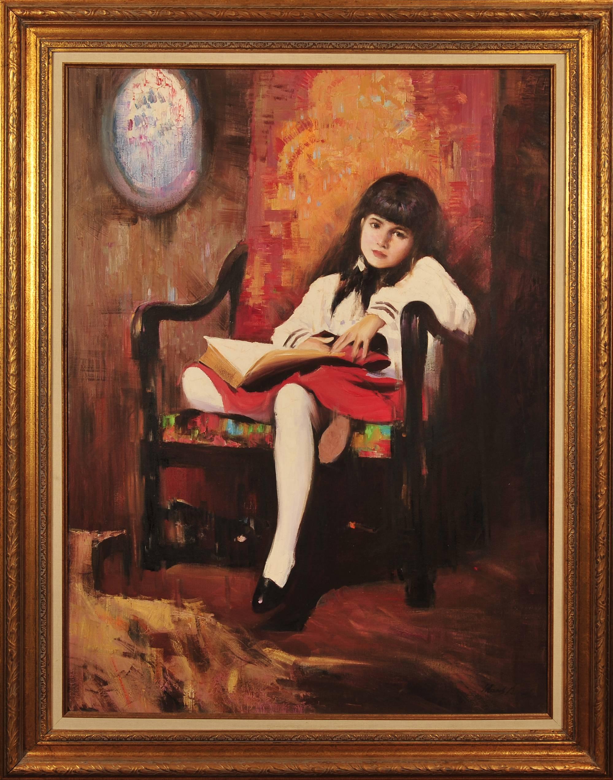 Porträt eines Mädchens in einem roten Stuhl – Painting von Hans Amis