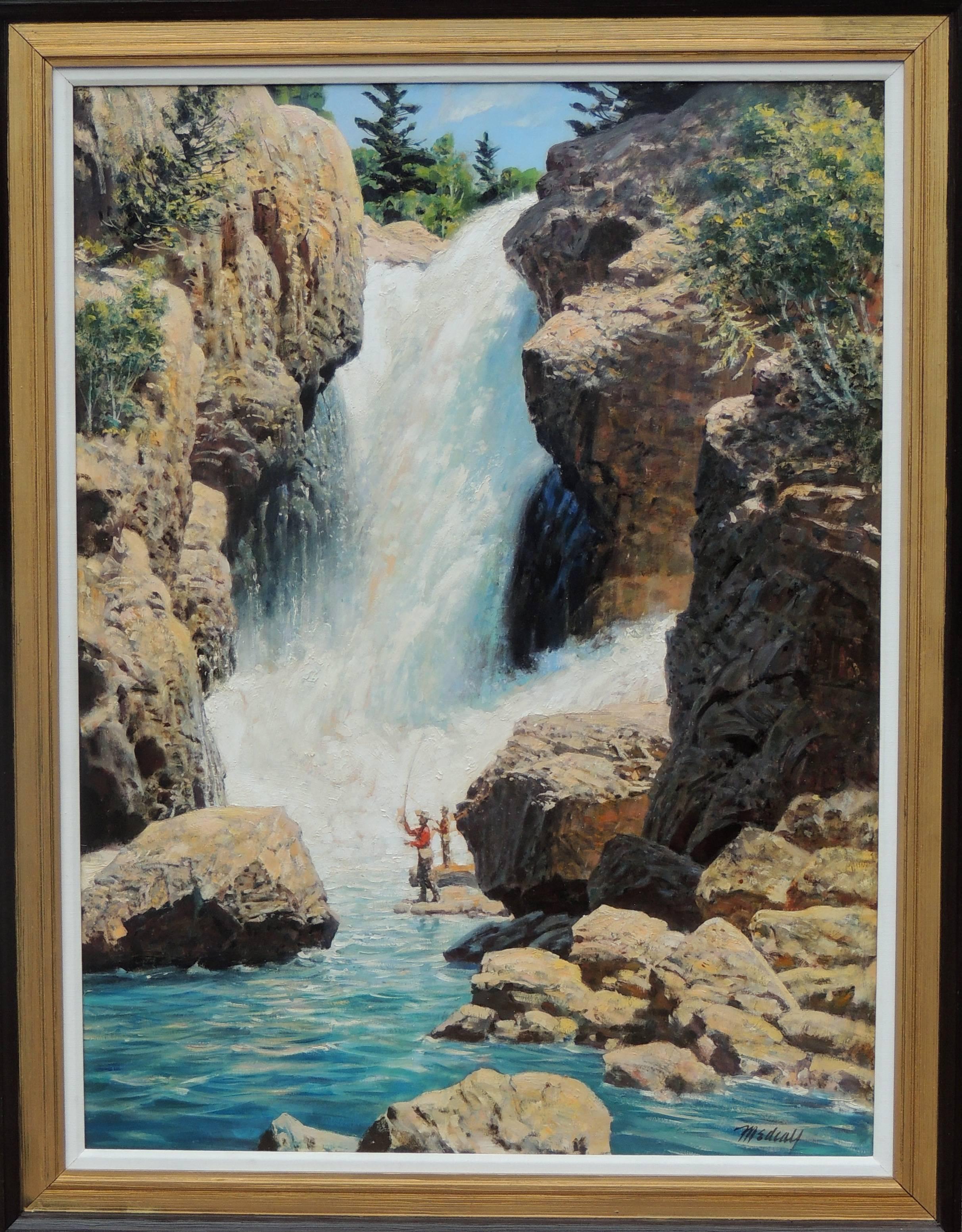 Pescar bajo la cascada - Painting de William (Bill) Medcalf