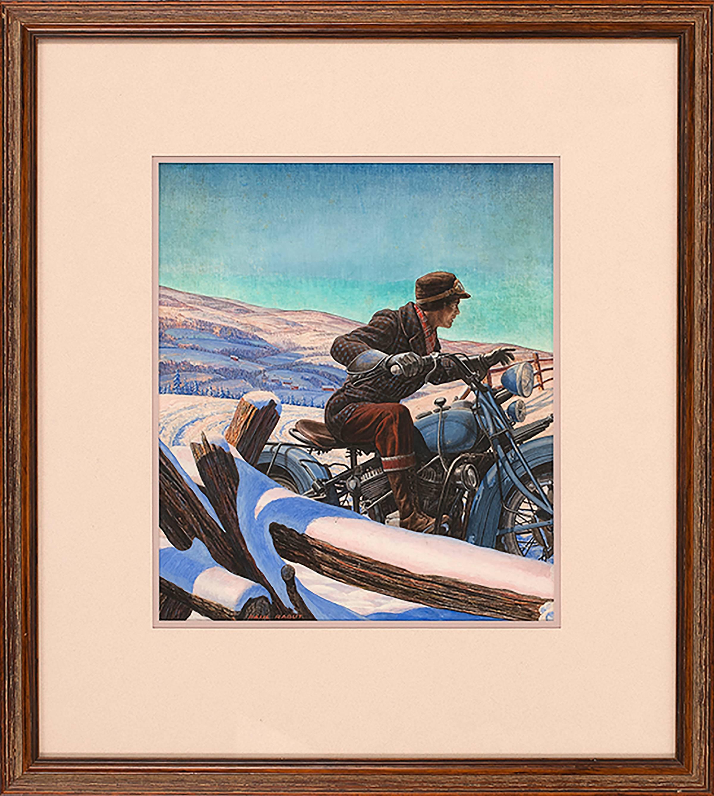 Man on Early Motorcycle - Painting by Paul Rabut