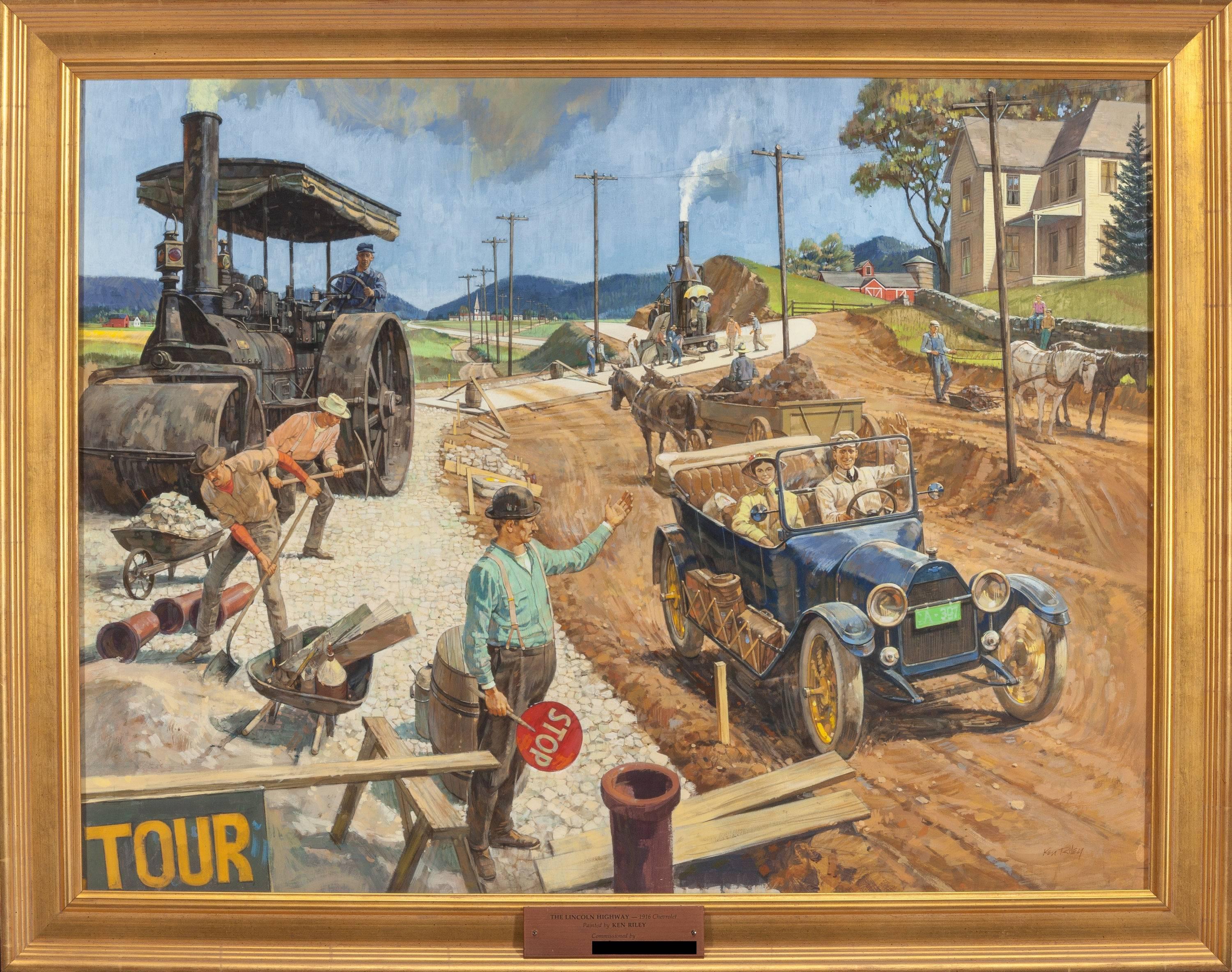 La autopista Lincoln, 1916 Chevrolet, Ilustración del calendario - Painting de Kenneth Pauling Riley
