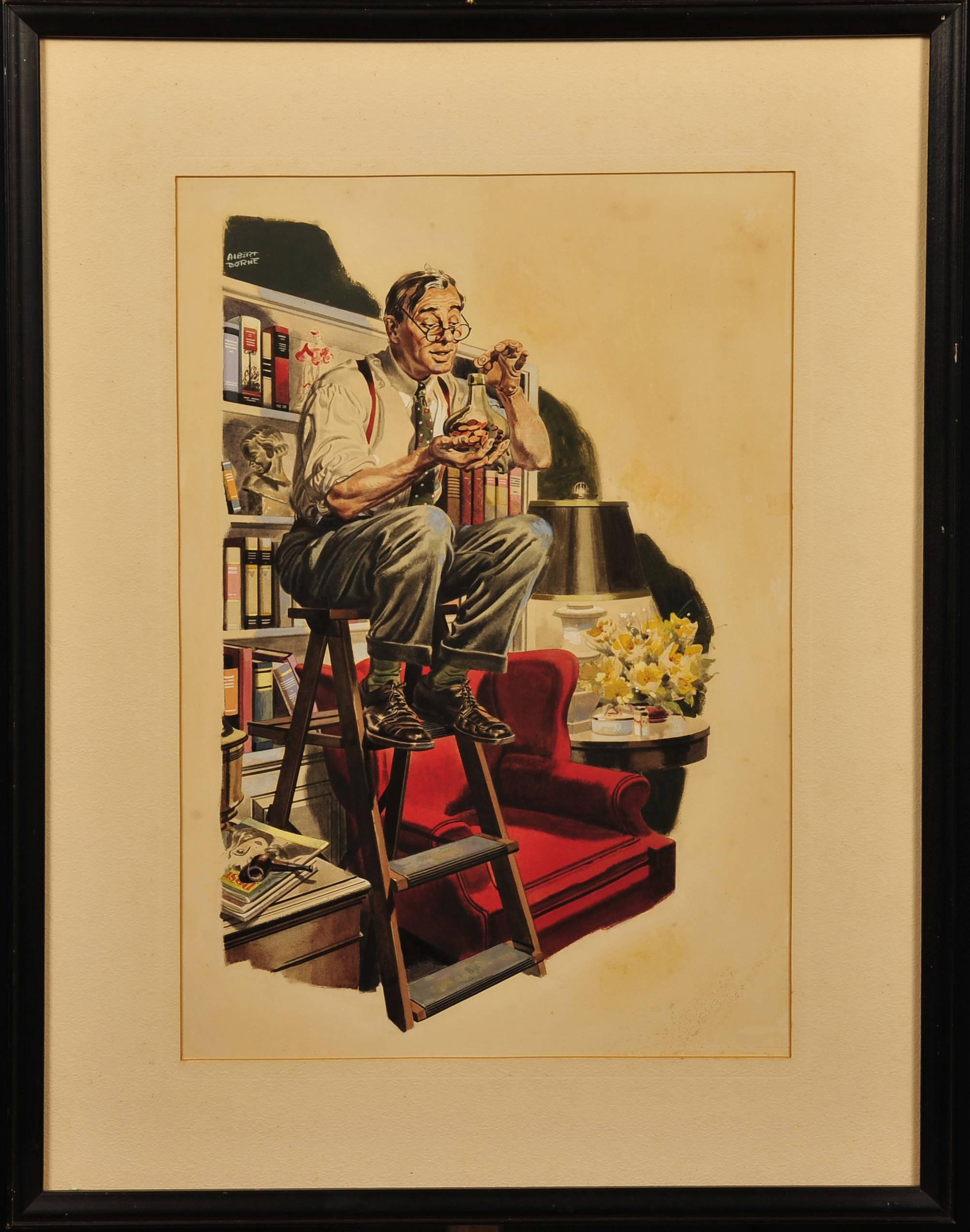 Man on Ladder in Library - Painting by Albert L. Dorne