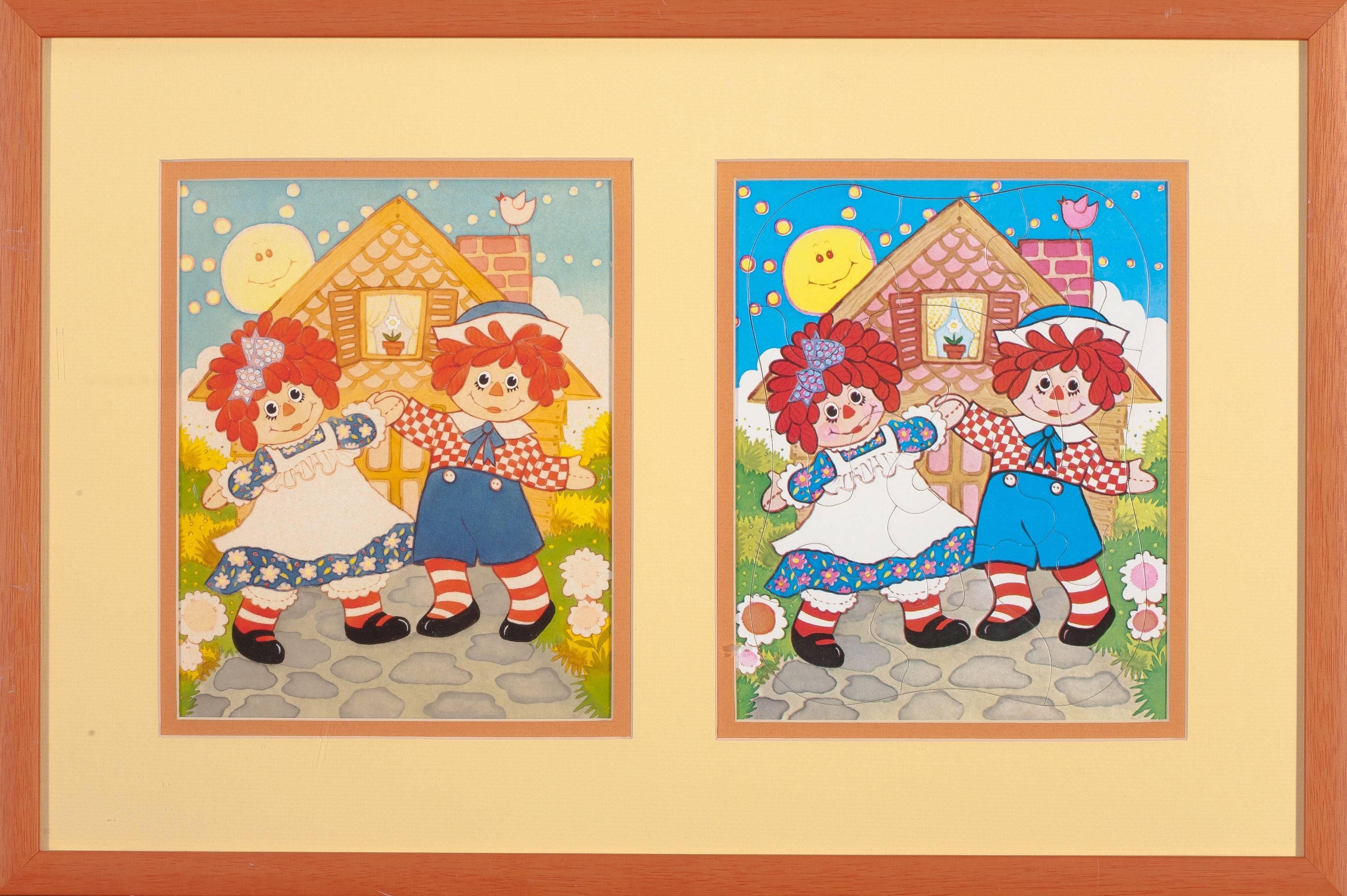 Raggedy Ann and Andy, Original Drawing and Puzzle Diptych - Art by Unknown