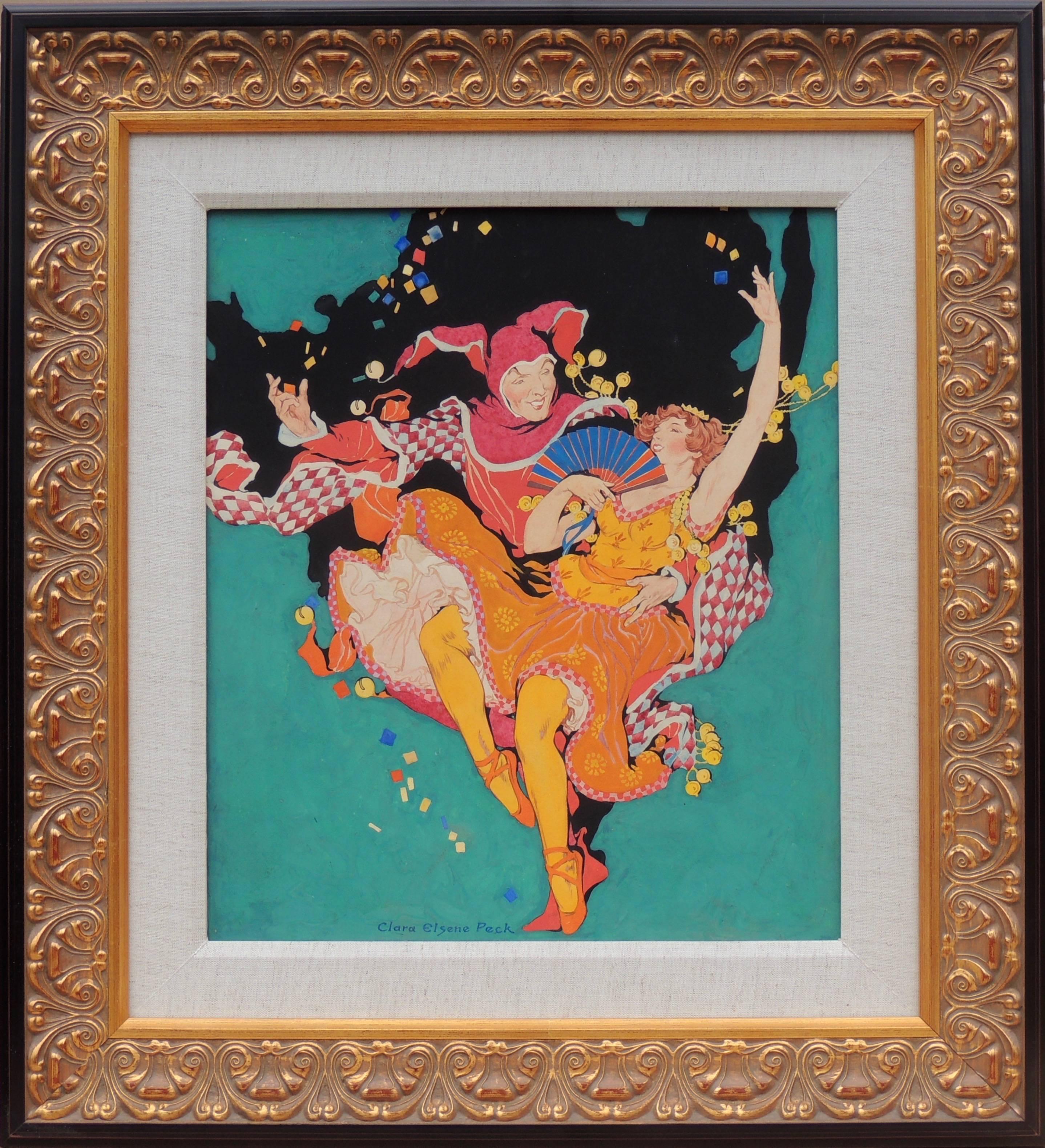 Frolicking Harlequin and Ballerina, Theatre Magazine Cover - Painting by Clara Peck