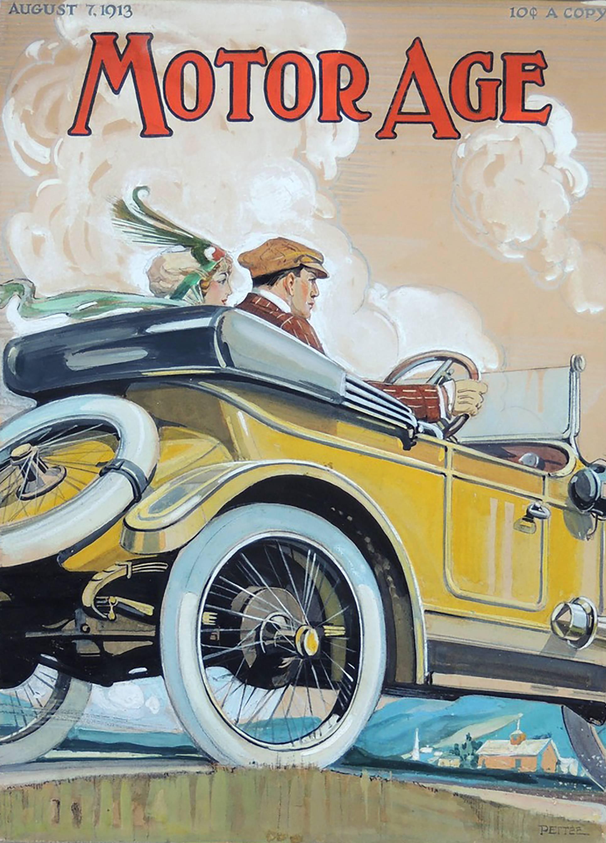 Clinton Pettee Figurative Painting - Original 1913 Motor Age Magazine Cover Art Illustration