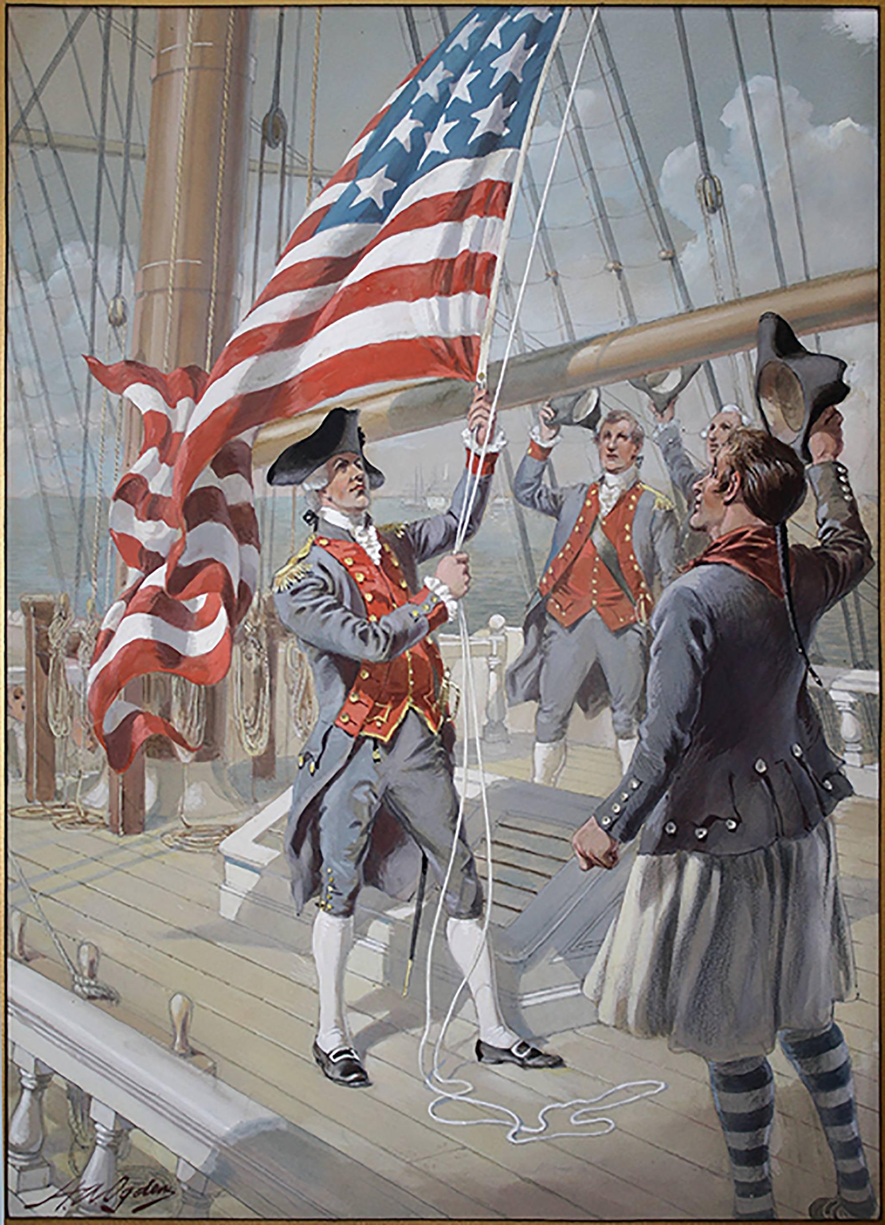 Raising the Flag Over a Colonial Ship - Painting by Henry A. Ogden