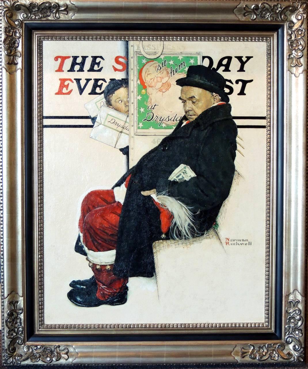 Santa on Train, Saturday Evening Post Cover - Painting by Norman Rockwell