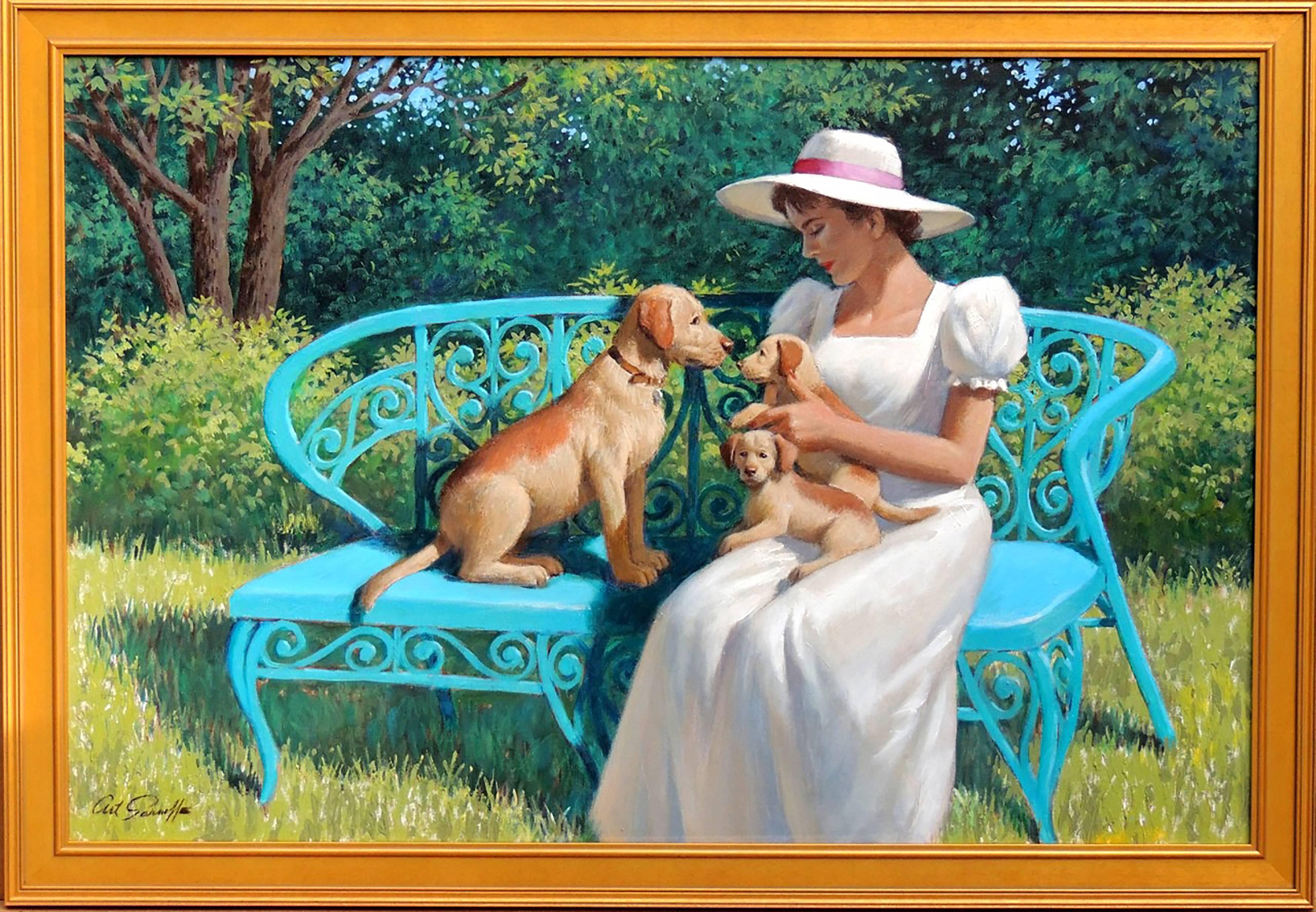 Mujer en el banco del parque con perros - Painting de Arthur Sarnoff